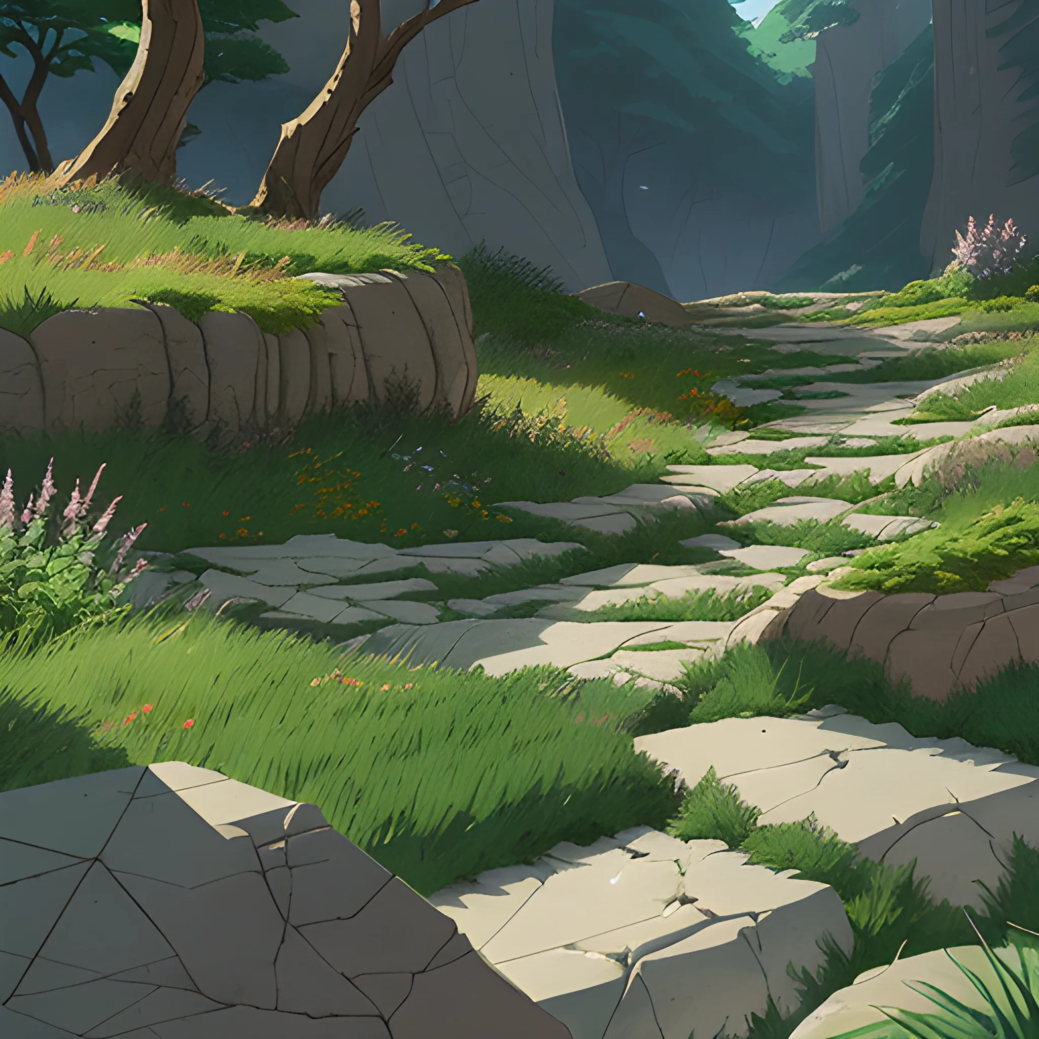 close-up of cracked ground, small stones and some herbs... in the style of makoto shinkai and greg rutkowski and albert bierstadt and james gurney