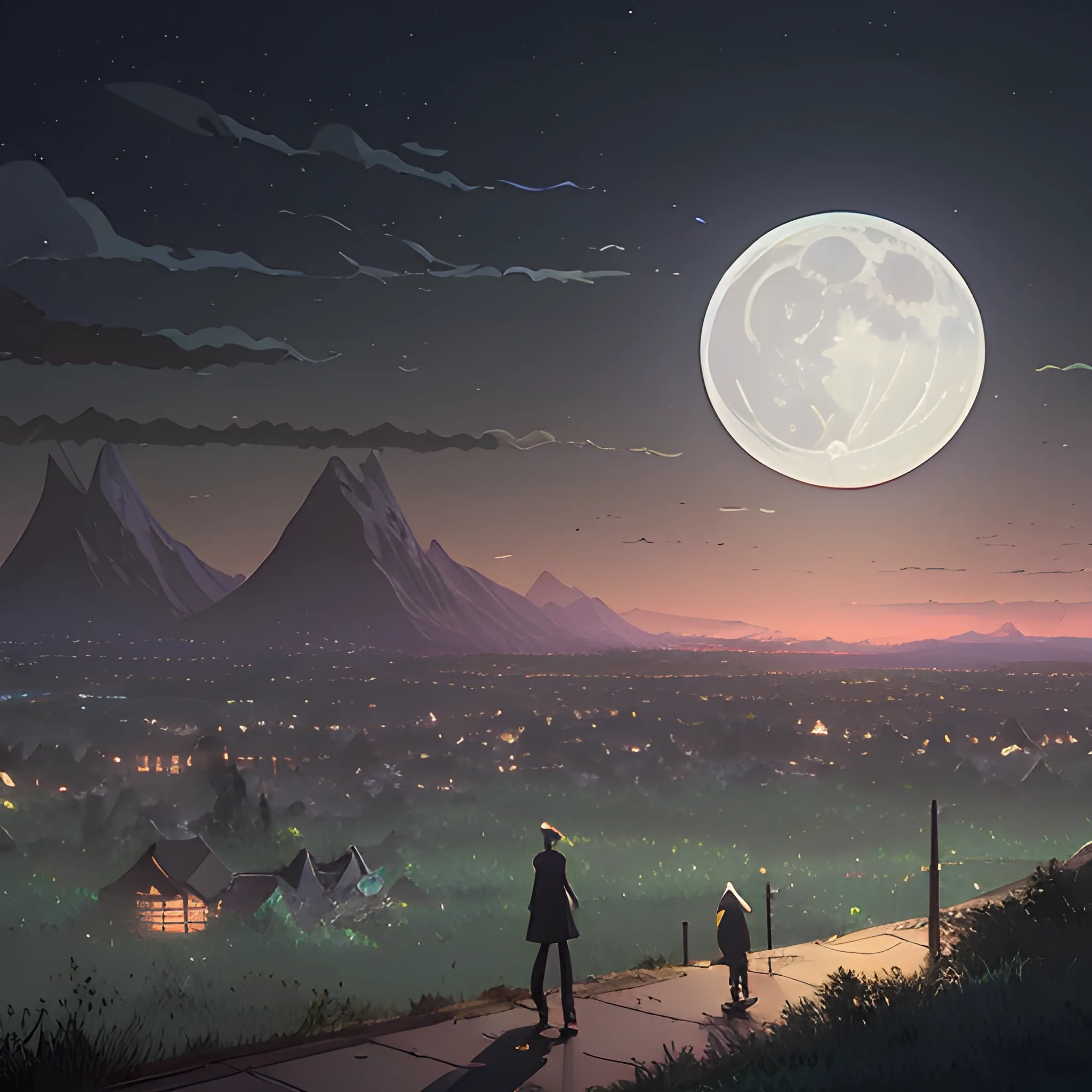 neighborhood as far as the eye can see, moon, night... in the style of makoto shinkai and greg rutkowski and albert bierstadt and james gurney