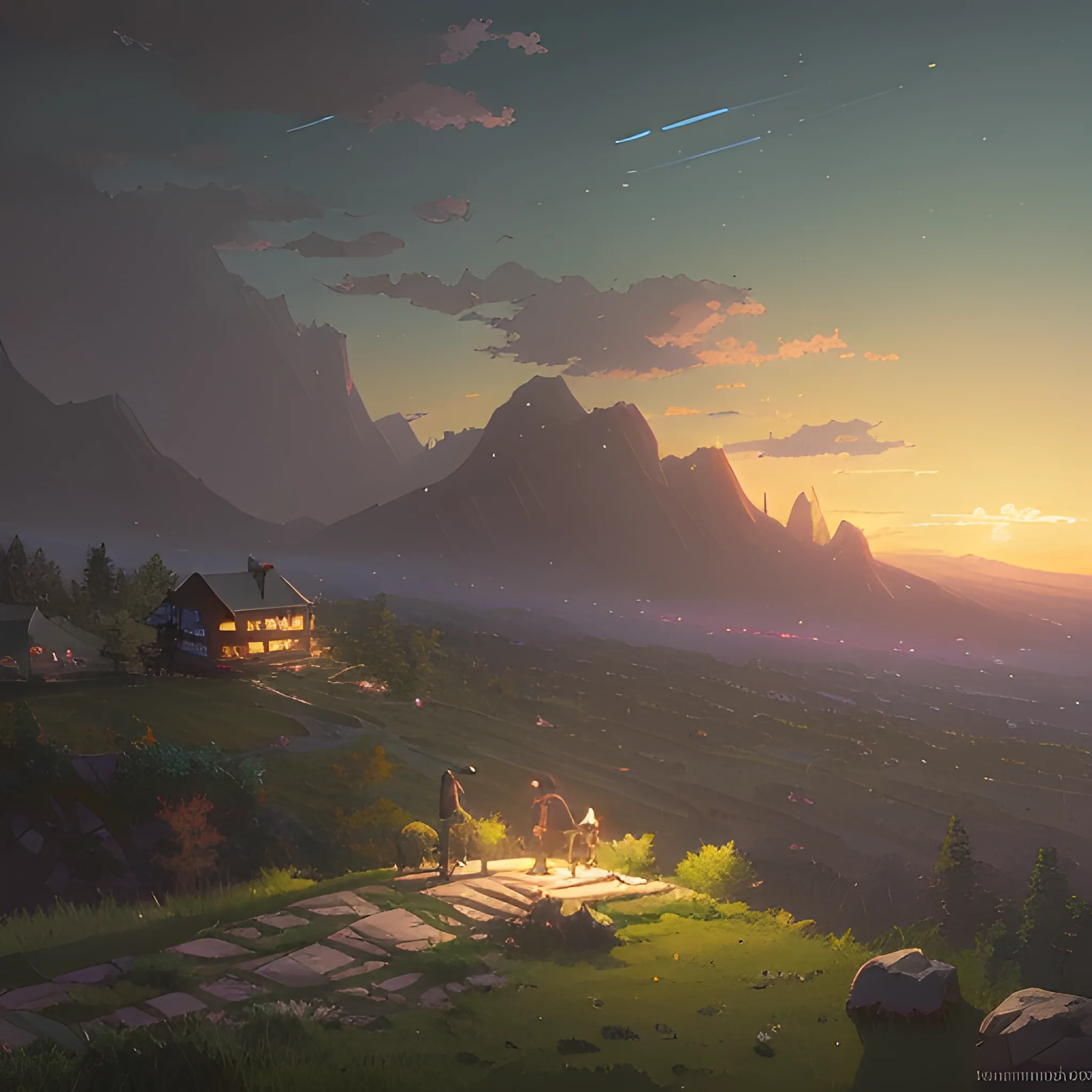 on a mountain, neighborhood as far as the eye can see, night... in the style of makoto shinkai and greg rutkowski and albert bierstadt and james gurney