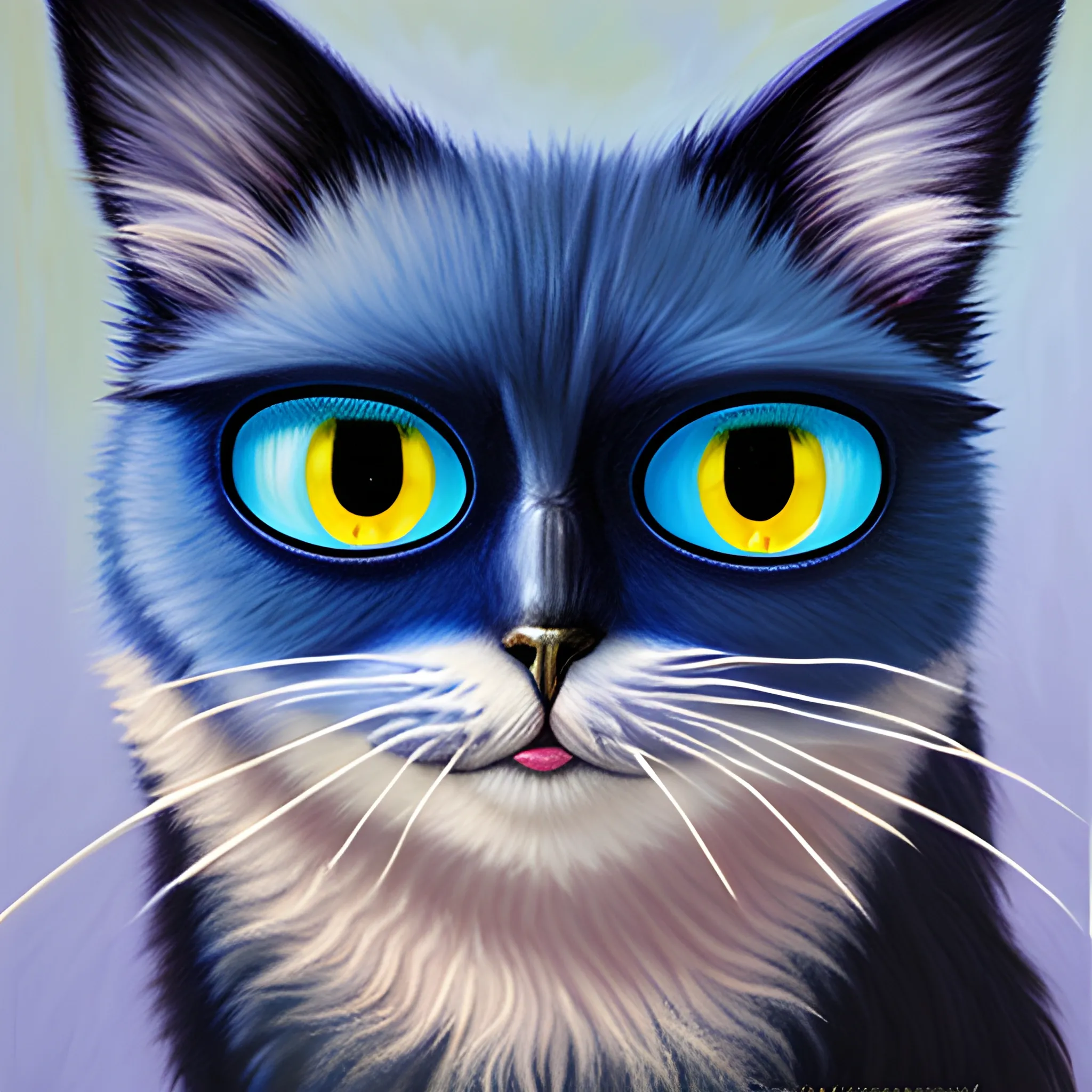 blue monster cat with 3 eyes , 3D, Oil Painting