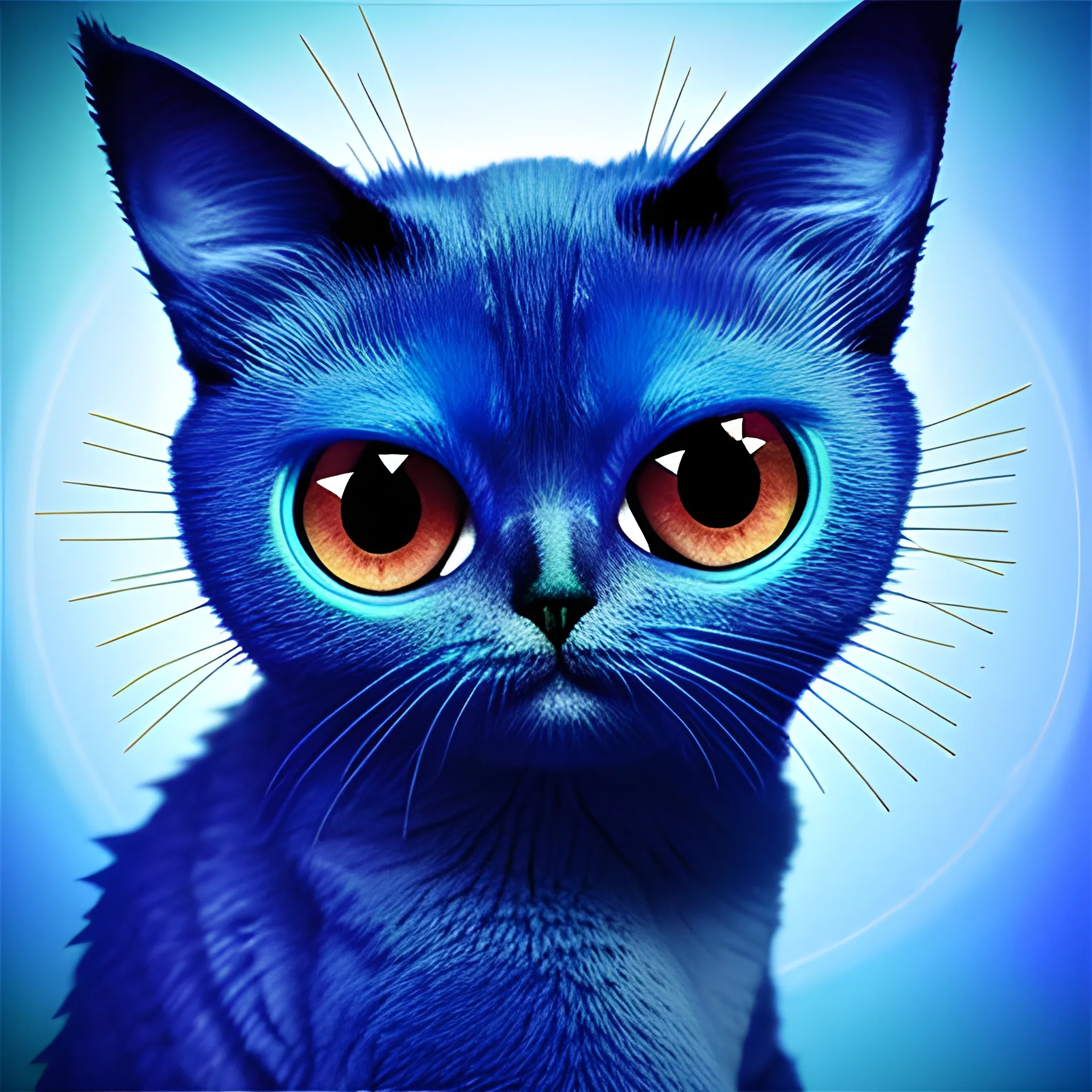 blue monster cat with 3 eyes , Trippy