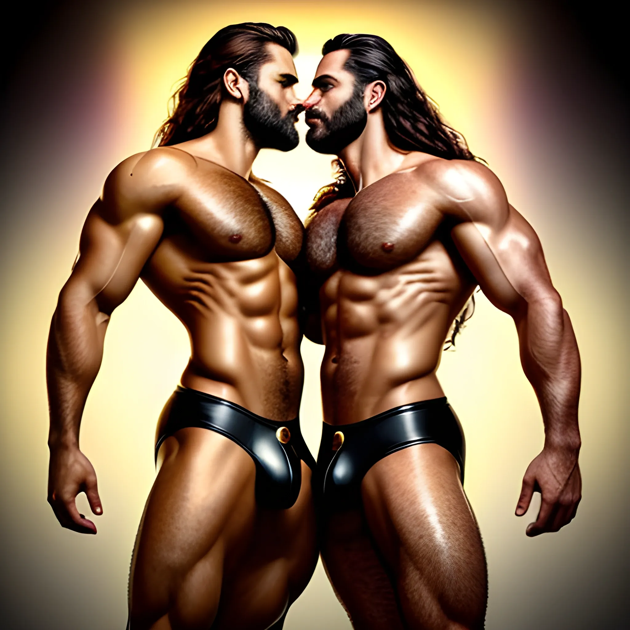 2 muscularDude's, 

kissing, 

with expansive Wings, 

handsome, 

beauty's, 

muscle, 

no blurry, 

dark eyes, 

hyperealistic, 

german, 

tanned skin, 

long curly hair, 

colorful hair, 

colorfull small leather tanga with gold details, 

same facial halves, 

bulge, 

happy, 

whole body with legs, 

big bulge, 

dark piercing eyes, 

huge bulge, 

hairy, 

fine details, 

young, 

two identical symmetrical eyes, 

same colofull eyes, 

stubble, 

blond, 

very long hair cascading over a hairy Chest, 

reminiscent of an Angel