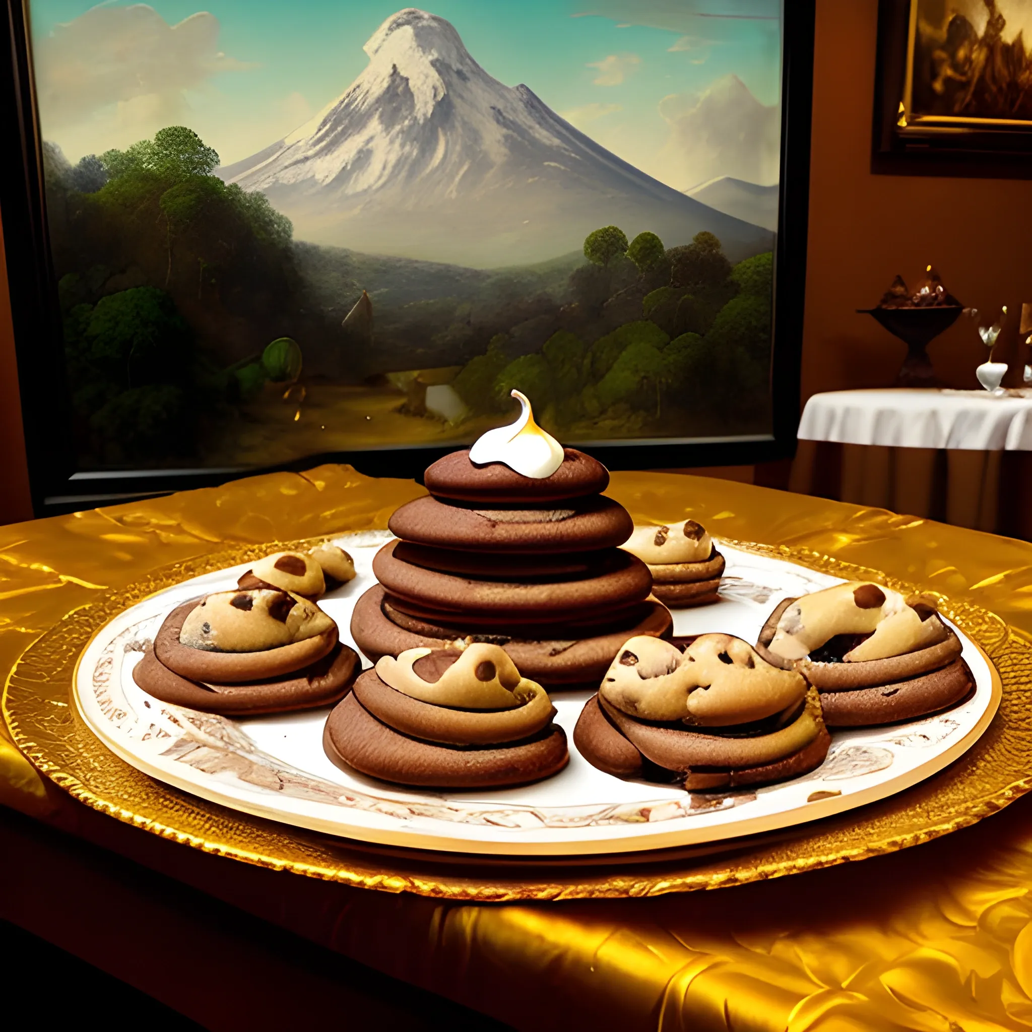 opulent banquet of plates of freshly baked chocolate chip cookies, delicious, glistening, chocolate sauce, marshmallows, highly detailed, food photography, art by rembrandt , with white ice cream, in a place like Costa rica, with mountains and animals, real, with a plate of cannabis
