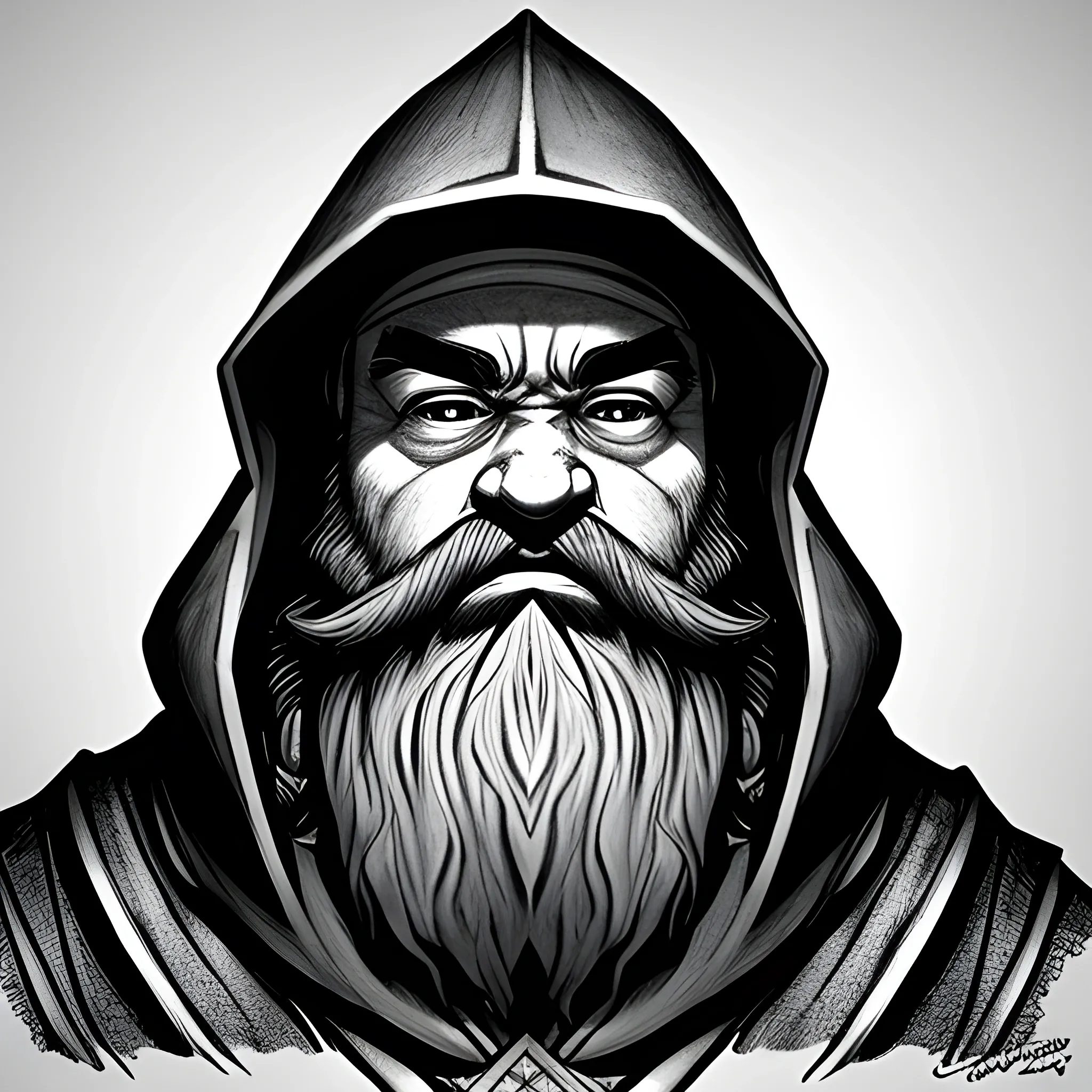 dwarf, built, cleric, hood, beard, big eyebrows, dnd artstyle, black and white, Pencil Sketch