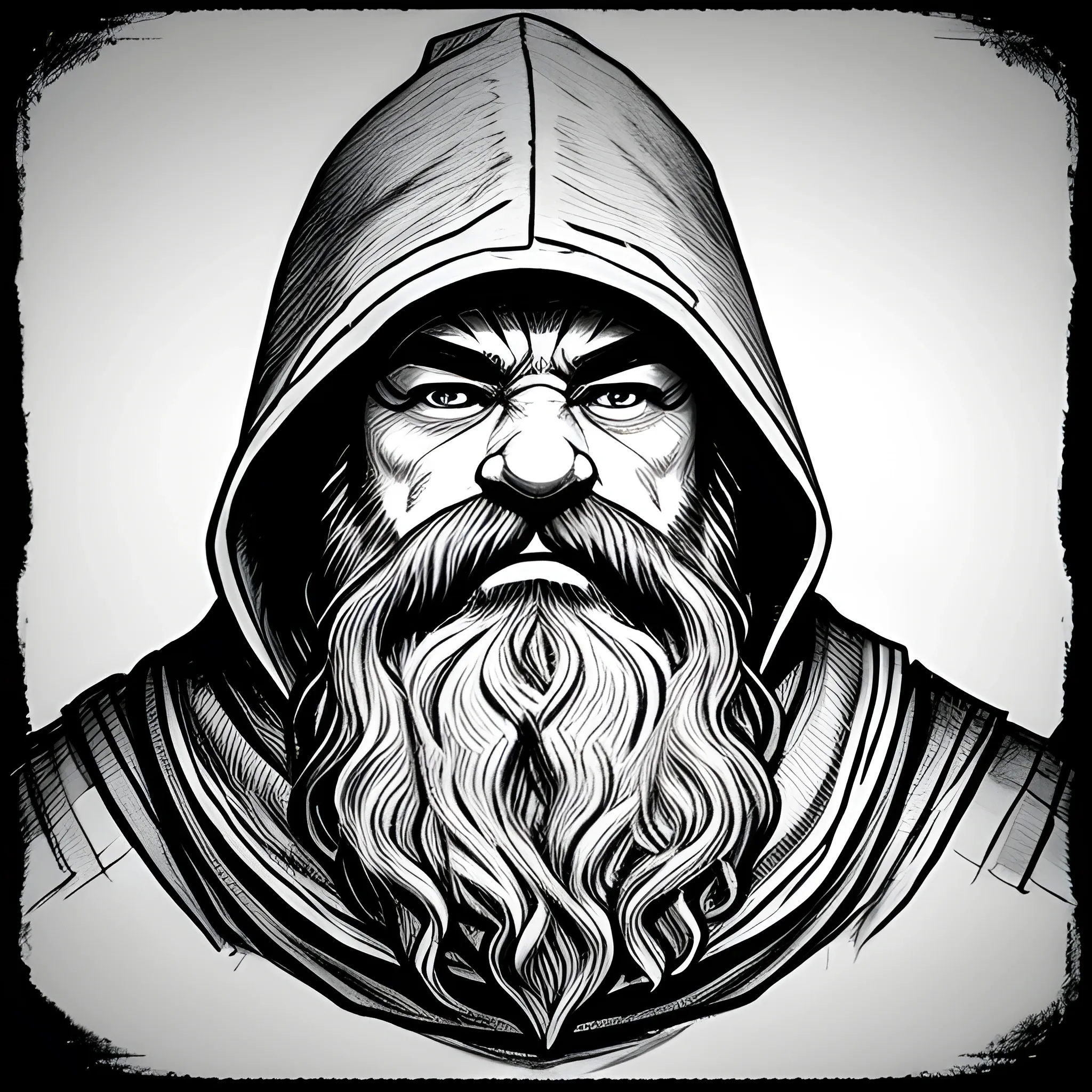 dwarf, built, cleric, hood, beard, bushy eyebrows, thoughtful, dnd artstyle, black and white, Pencil Sketch