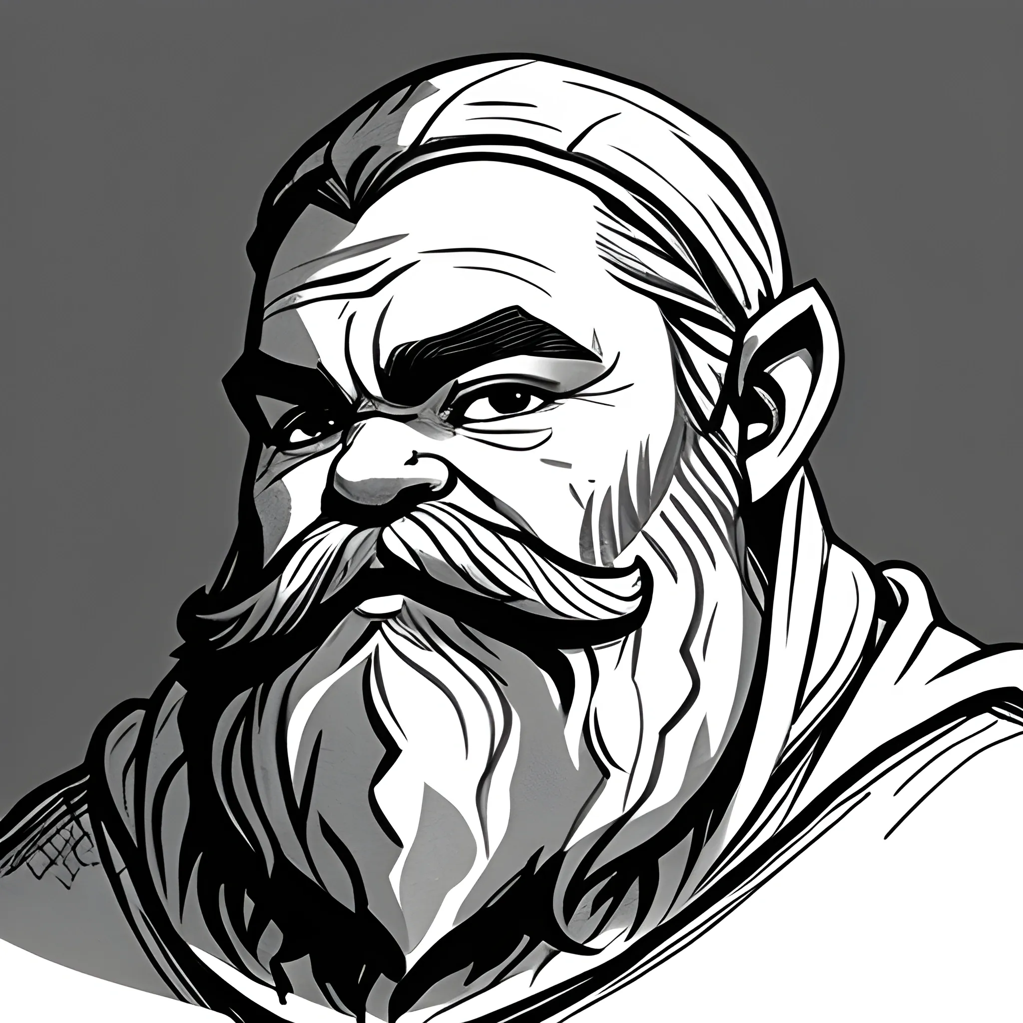 dwarf, built, cleric, hood, beard, bushy eyebrows, thoughtful, hero, dnd artstyle, black and white, Pencil Sketch