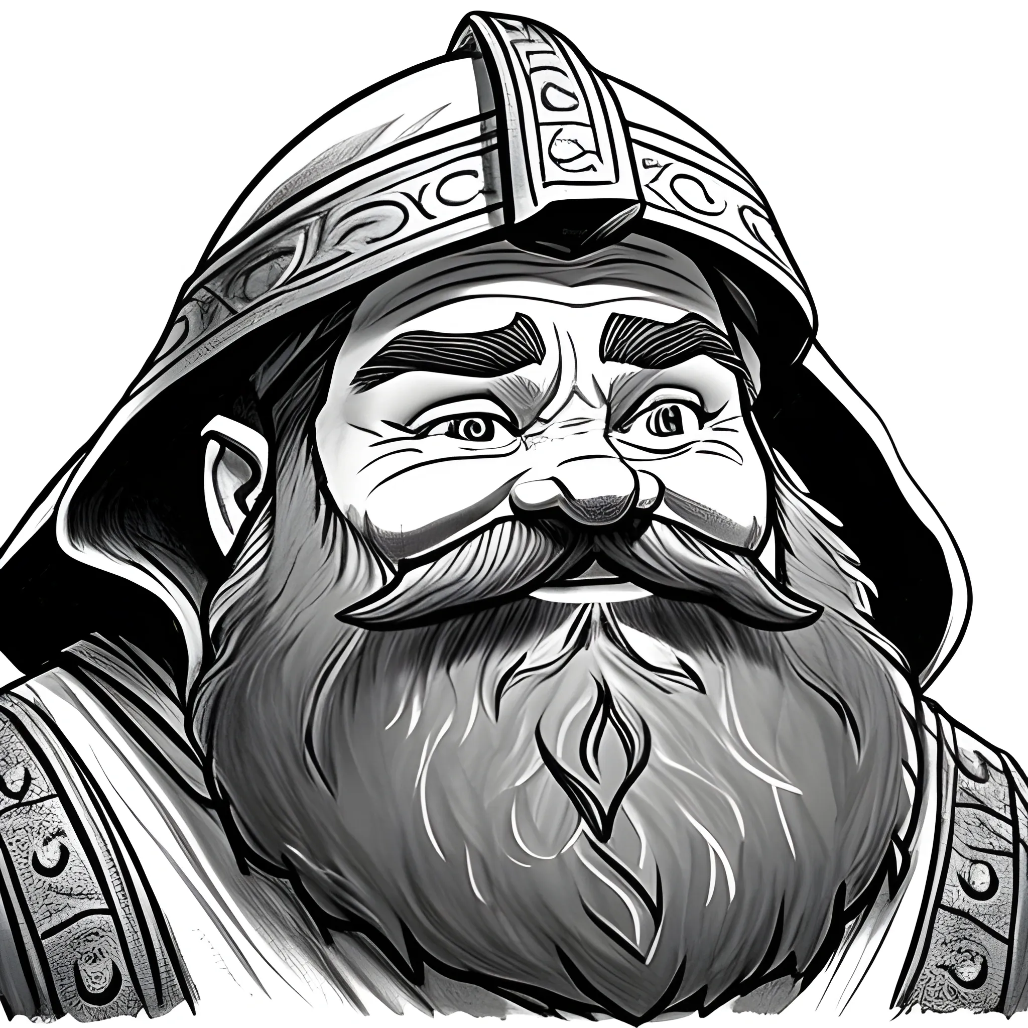 dwarf, built, cleric, hood, beard, bushy eyebrows, smiling, dnd artstyle, black and white, Pencil Sketch