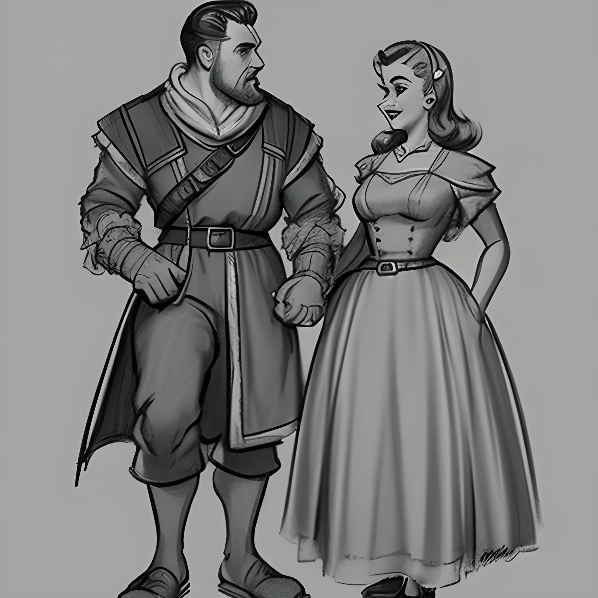 dnd characters, couple, 50s cinematic pose, 50s movie, dwarf, cleric, Pencil Sketch