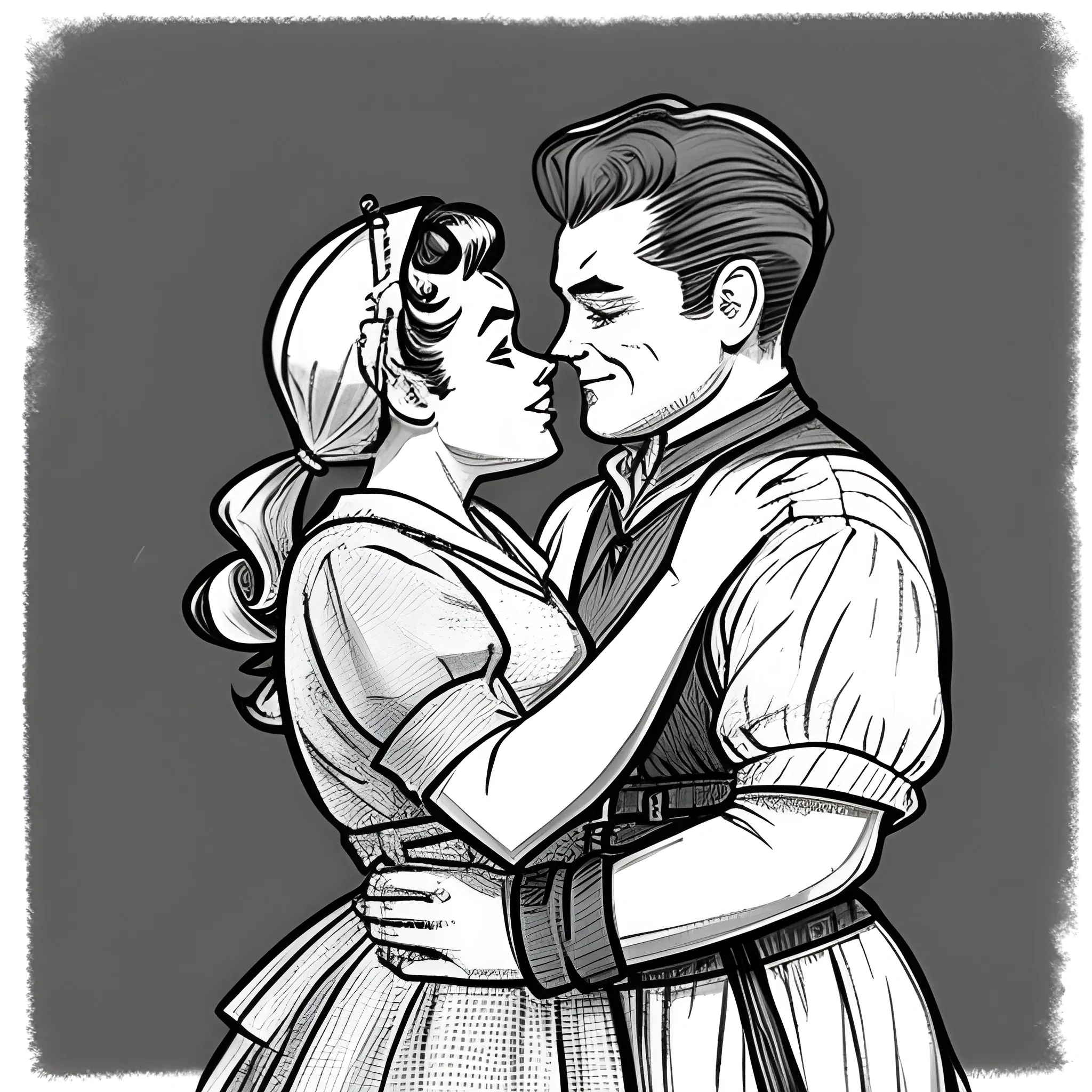 50s couple hugging, 50s movie, dwarf cleric husband, dwarf housewife, dnd characters, Pencil Sketch