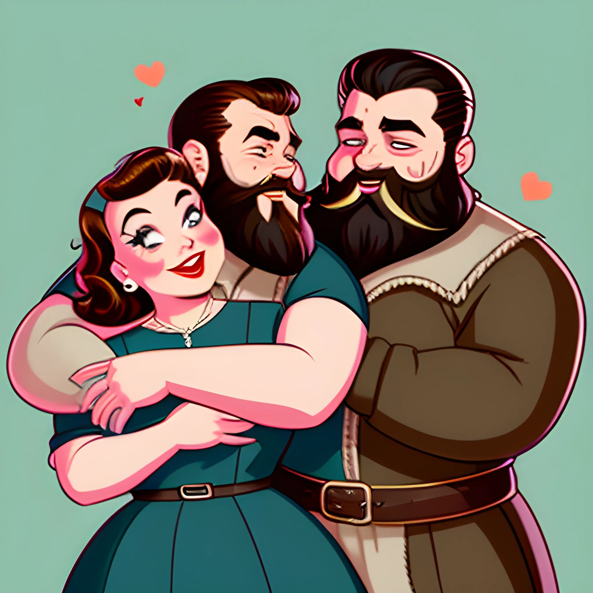 50s couple hugging, 50s movie, dwarf with big beard husband, dwarf housewife, dnd characters