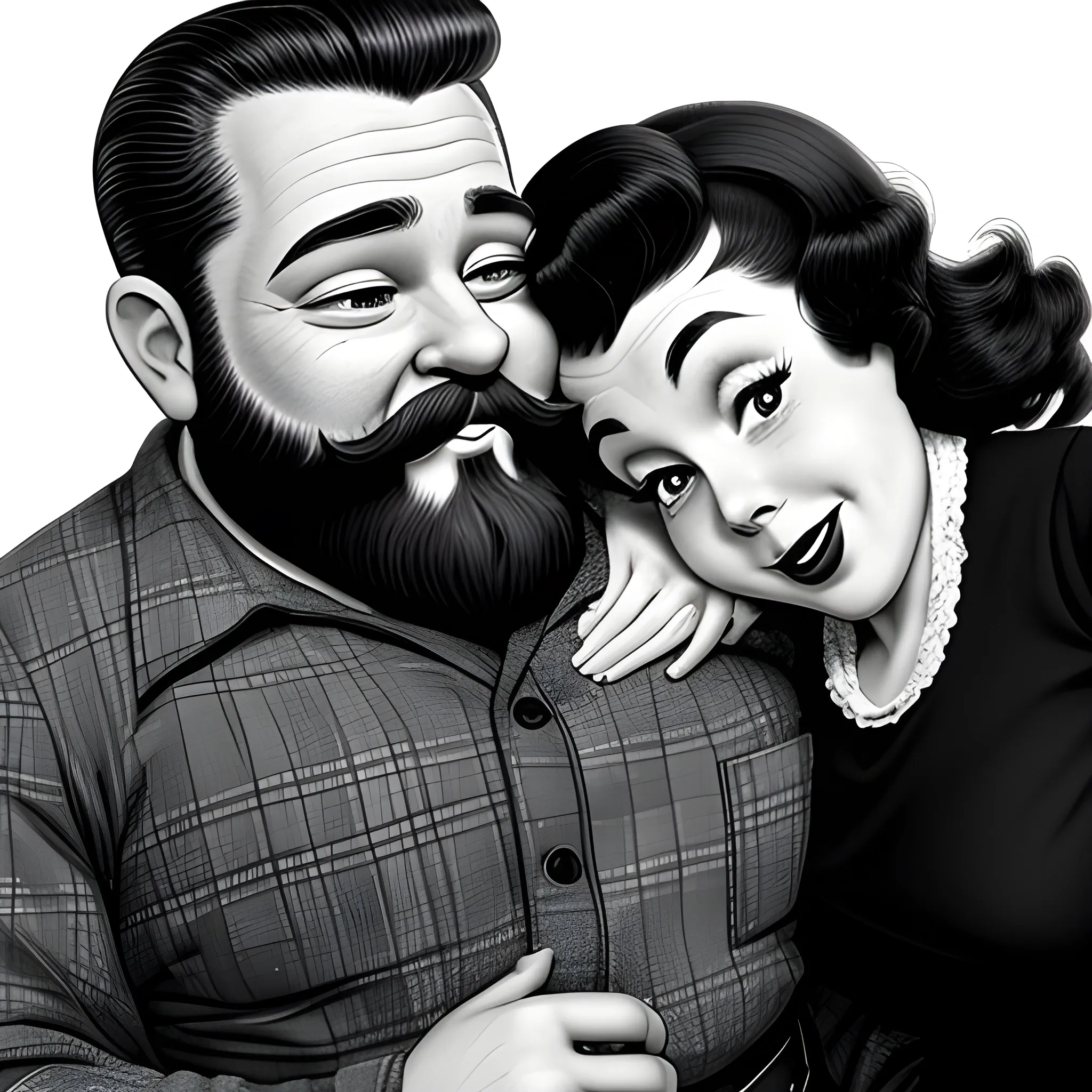 50s couple hugging, 50s movie, dwarf with big beard husband, dwarf housewife, dnd characters, black and white