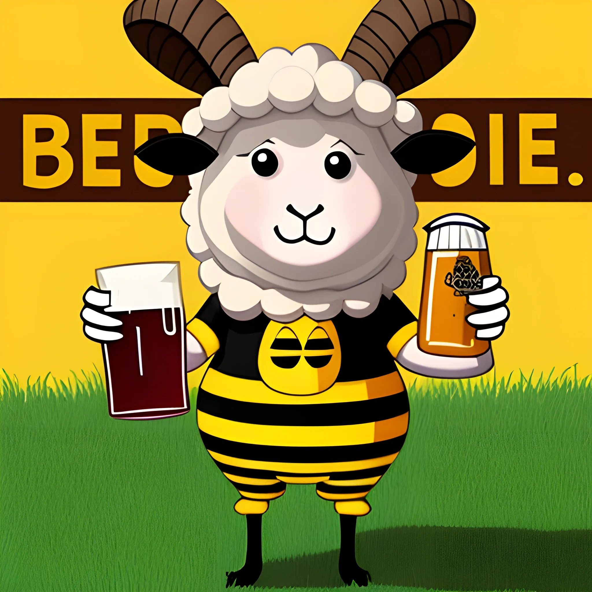 A sheep wearing a full body costume of a bee, holding a jug of beer in the hand, with the word "BEEEEER" in front of the jar, Cartoon, Trippy