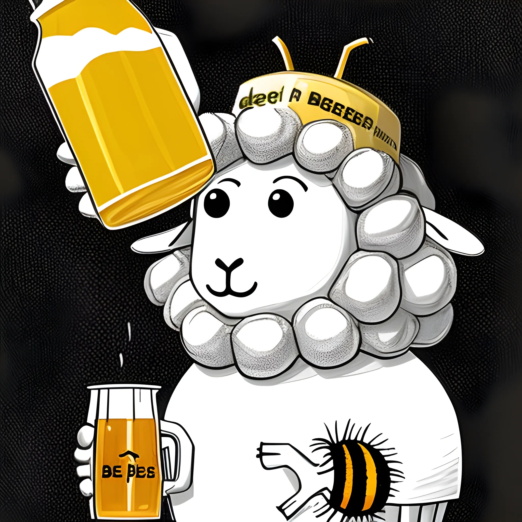 A sheep wearing a full body costume of a bee, holding a jug of beer in the hand, with the word "BEEEEER" in front of the jar, Cartoon, Trippy, Pencil Sketch