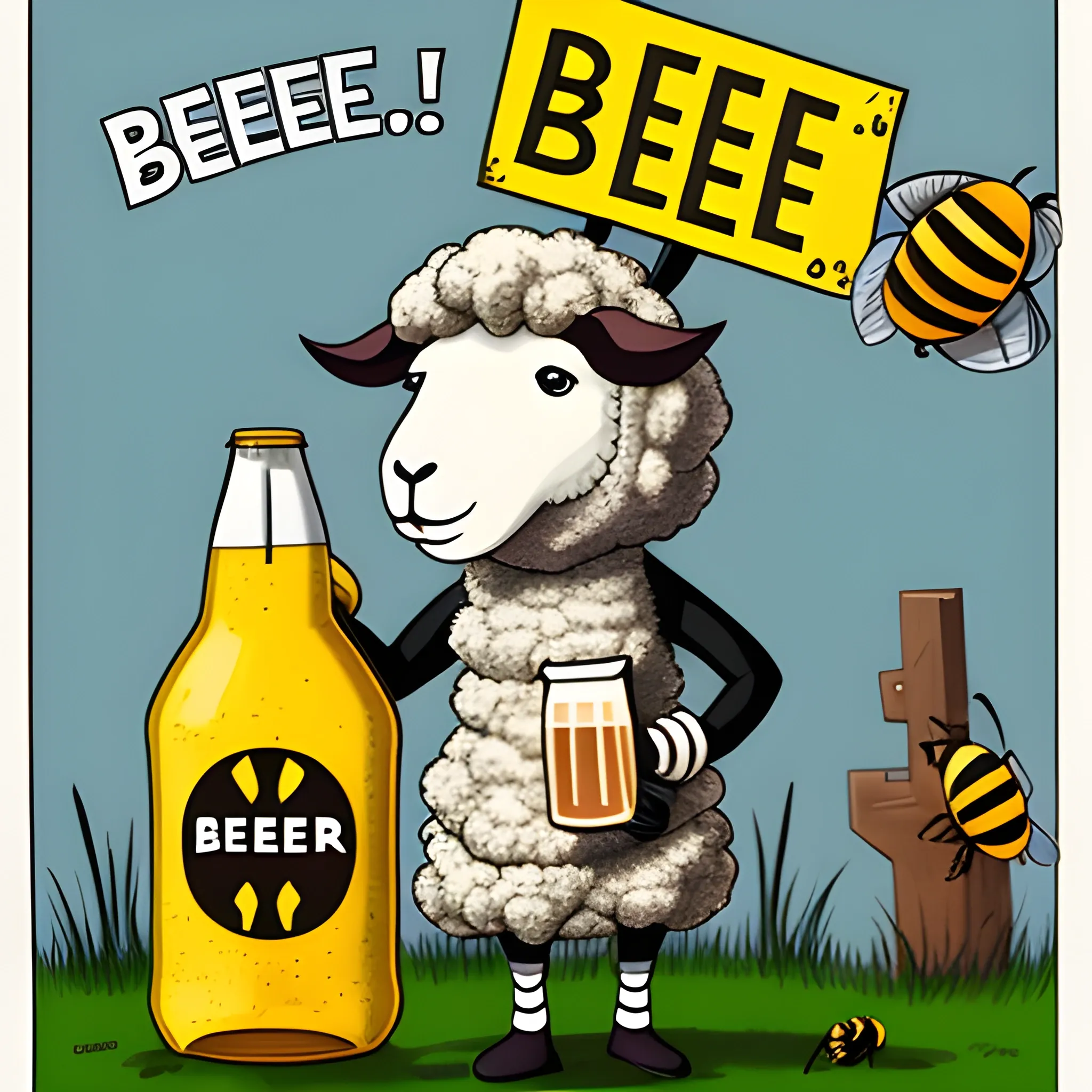 A sheep wearing a full body costume of a bee, holding a jug of beer in the hand, with the word "BEEEEER" in front of the jar, Cartoon, Trippy