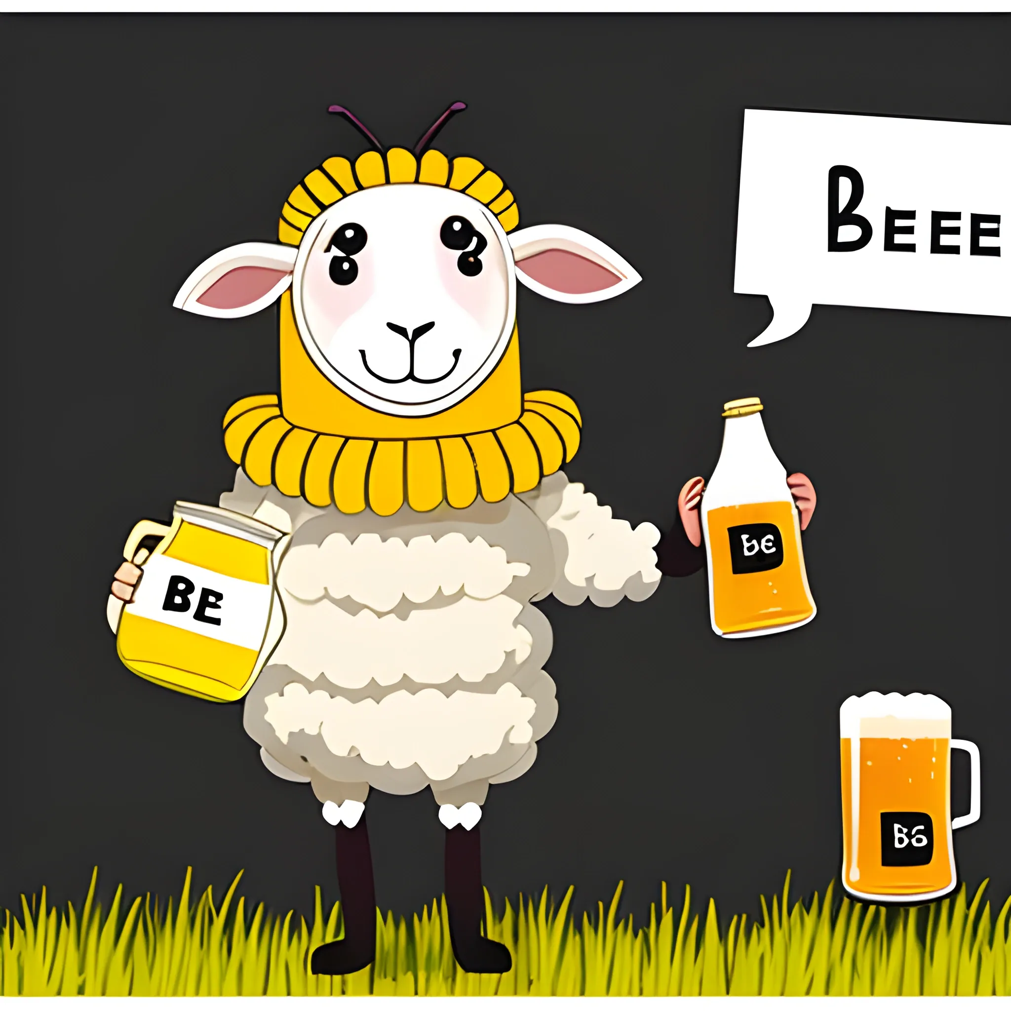 A sheep wearing a full body costume of a bee, holding a jug of beer in the hand, with the word BEEEEER in front of the jar, Cartoon, Trippy