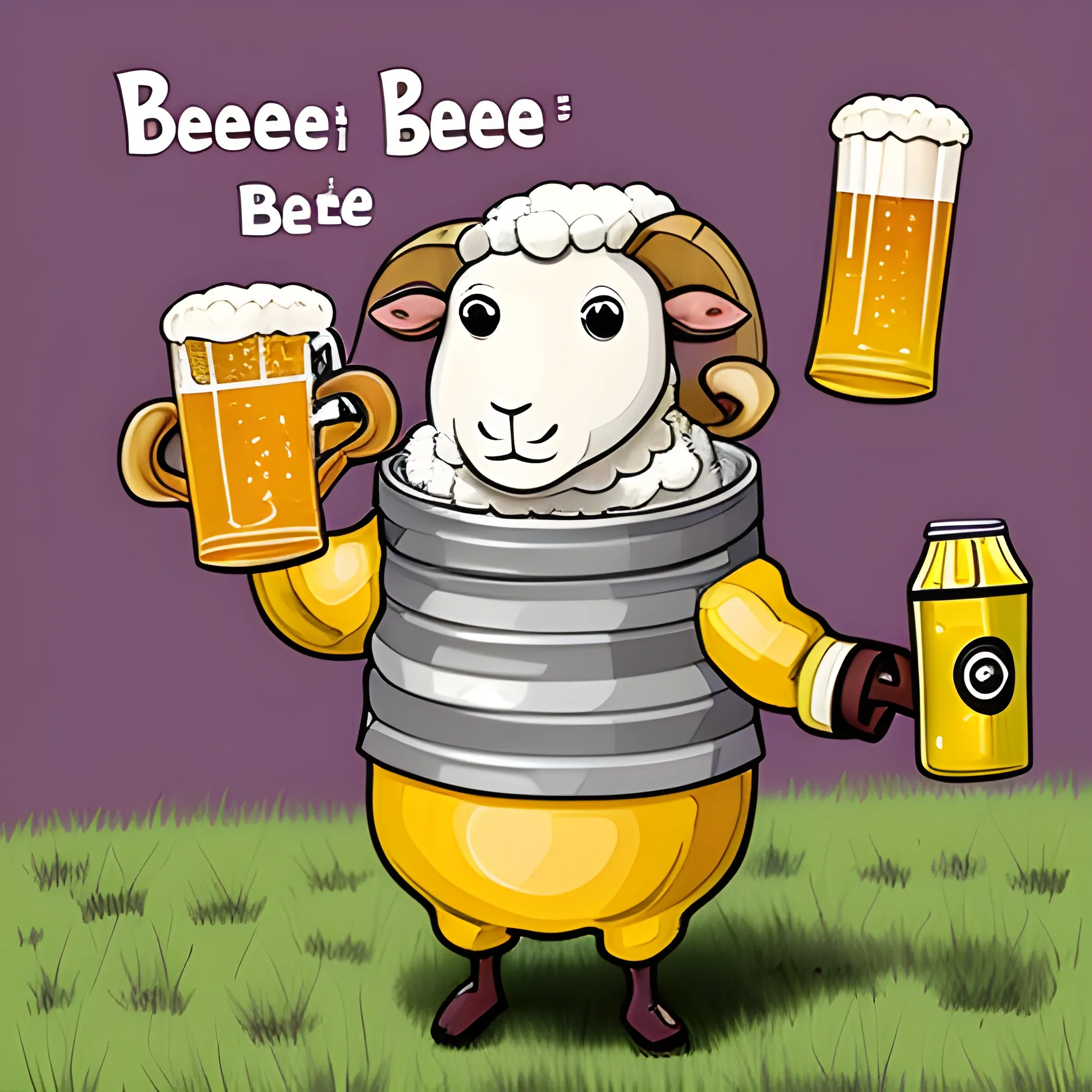 A sheep wearing a bee full body costume, holding a jug of beer in the hand, with the word BEEEEER in front of the jar, Cartoon, Trippy