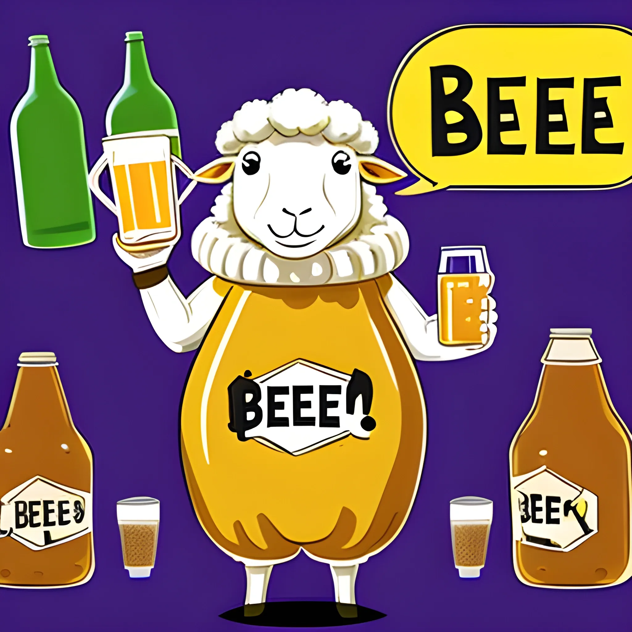 A sheep wearing a wasp full body costume, holding a jug of beer in the hand, with the word BEEEEER in front of the jar, Cartoon, Trippy