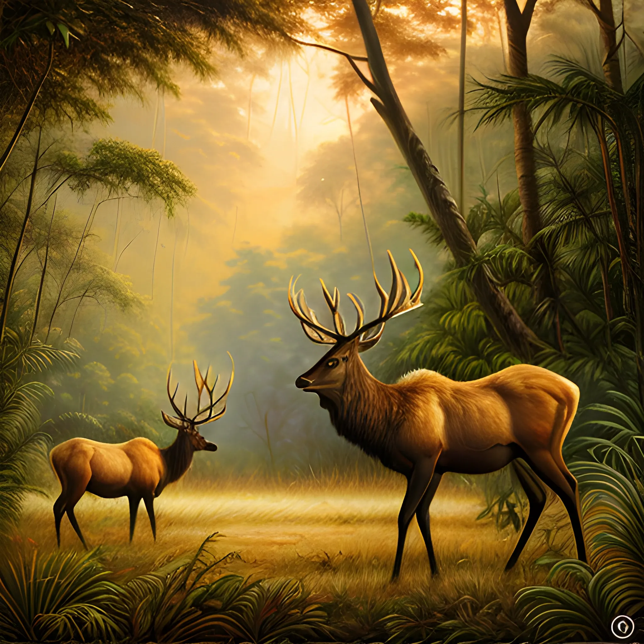 Elk in the jungle, warm tones at dusk, realistic oil painting style, Oil Painting