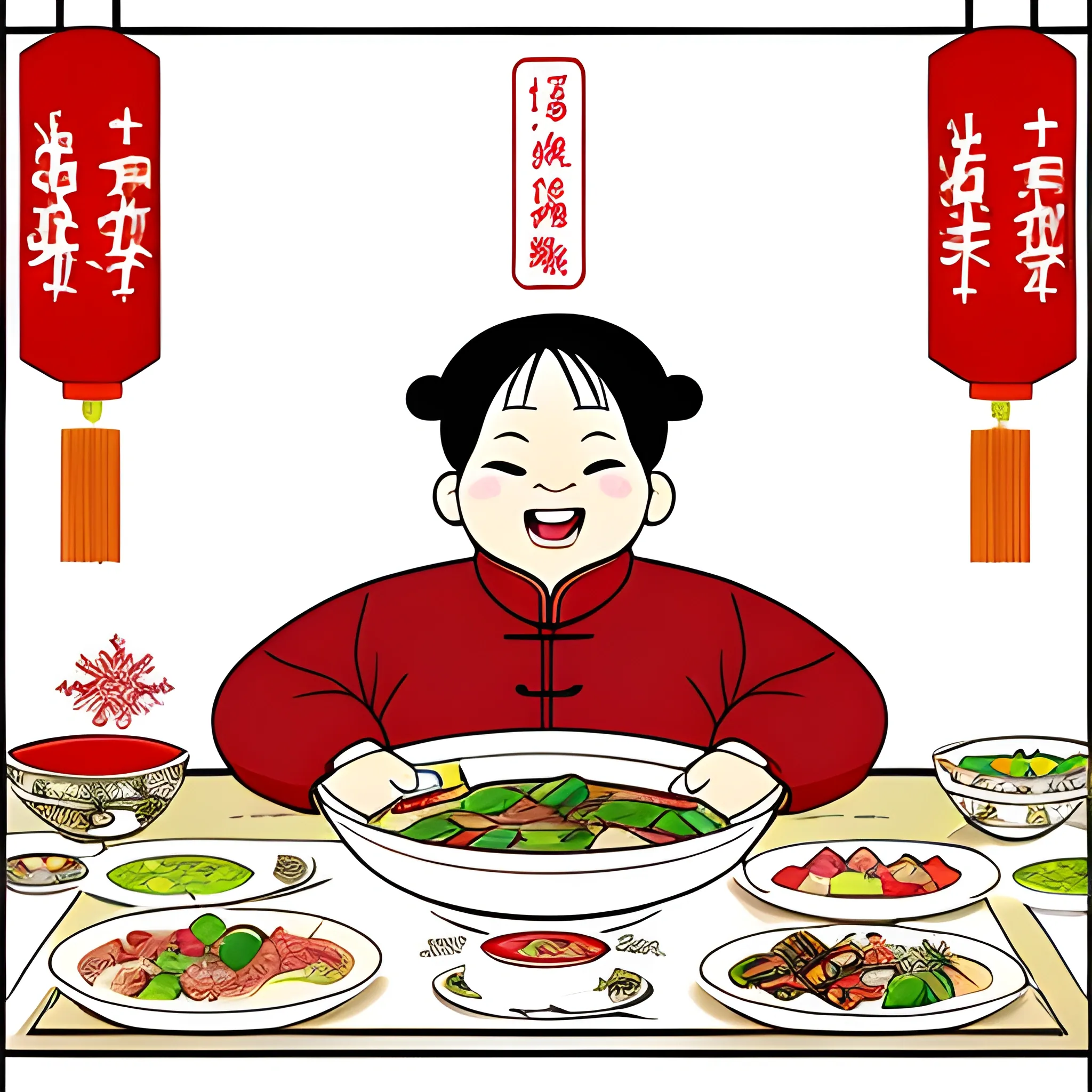 Losing Weight during Spring Festival, An illustration of someone persisting in their weight loss efforts amidst the Chinese New Year festivities, amidst a family gathering with festive foods and laughter, invoking a sense of resolution against temptation, envisioned in an endearing comic style, profuse with details pertaining to the subject's resistance against the festive treats, --ar 1:1 --niji 6, Cartoon