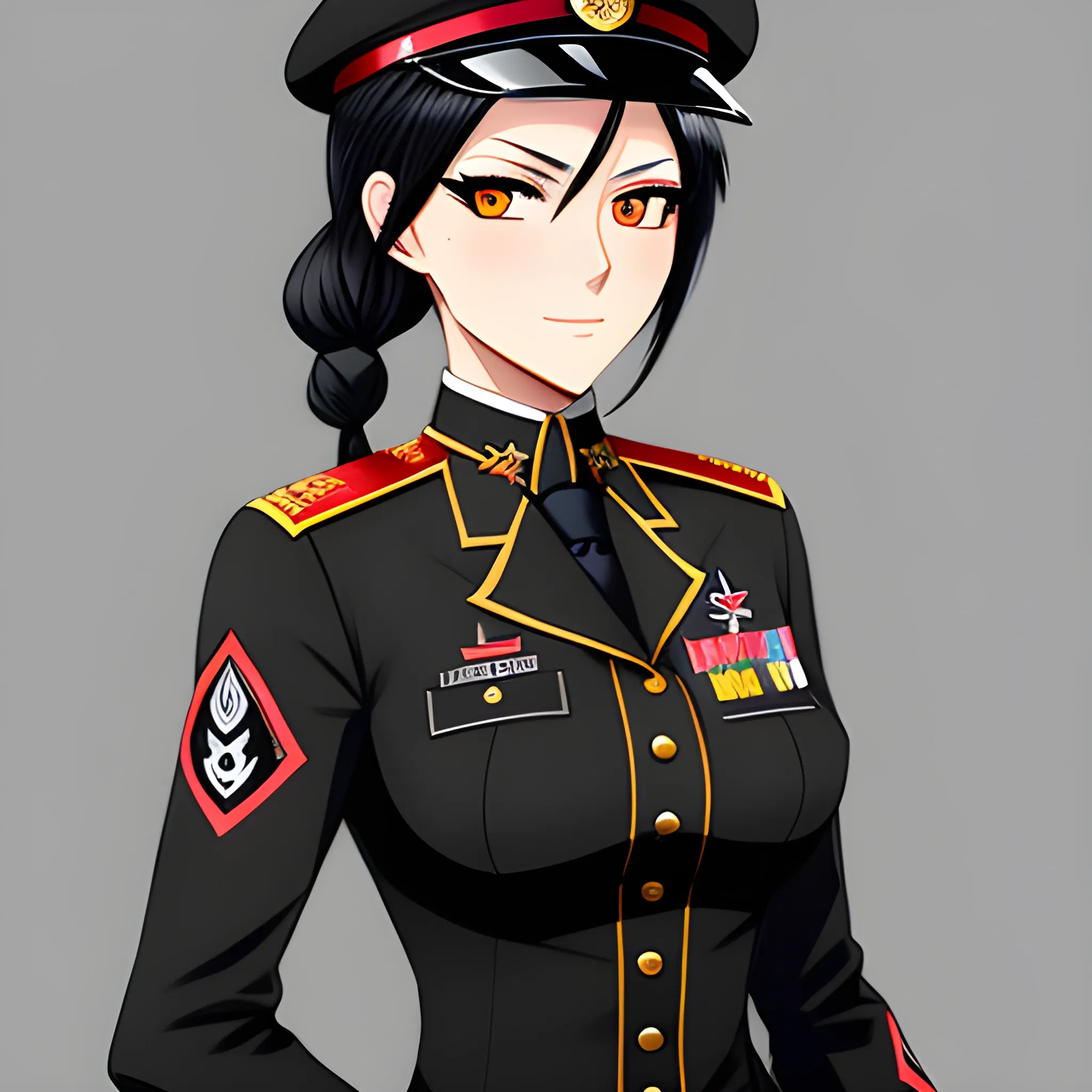 cute anime girl in black military uniform, dark red ambience, hand drawn, red eyes, black hair, peach skin color, portrait, half body, German military uniform, highly detailed eyes, highly detailed uniform with badge of honor