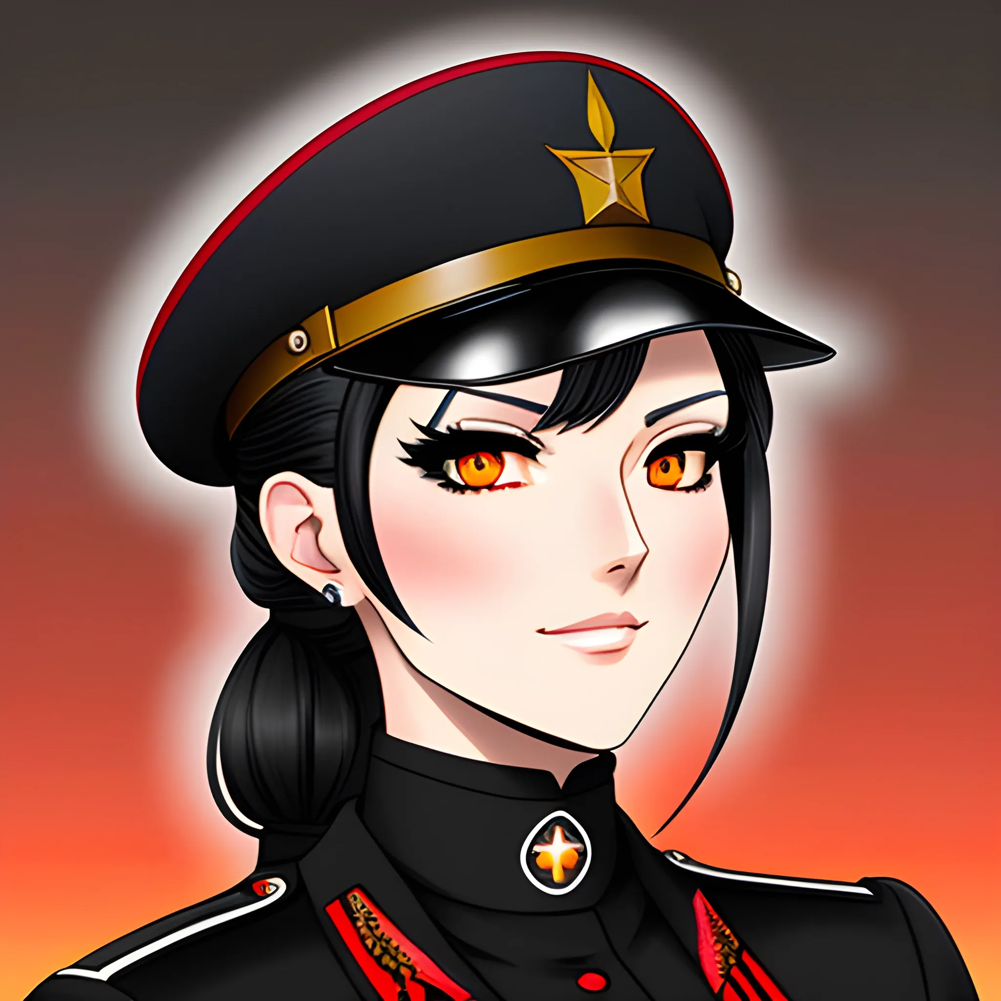 cute anime girl in black military uniform, dark red ambience, hand drawn, red eyes, black hair, peach skin color, side faced, portrait, half body, German military uniform, highly detailed eyes, highly detailed uniform with badge of honor