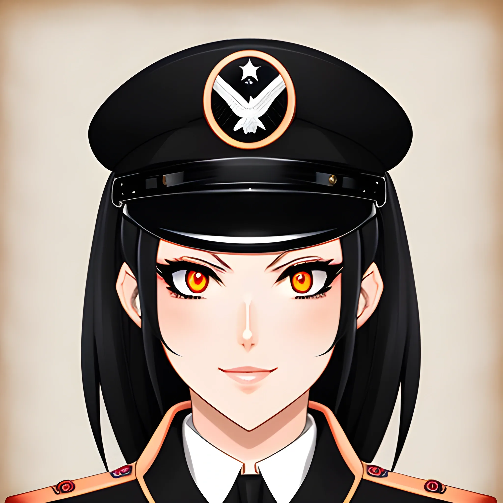 cute anime girl in black military uniform, dark red ambience, hand drawn, red eyes, black hair, peach skin color, side faced, portrait, half body, German military uniform, highly detailed eyes, highly detailed uniform with badge of honor