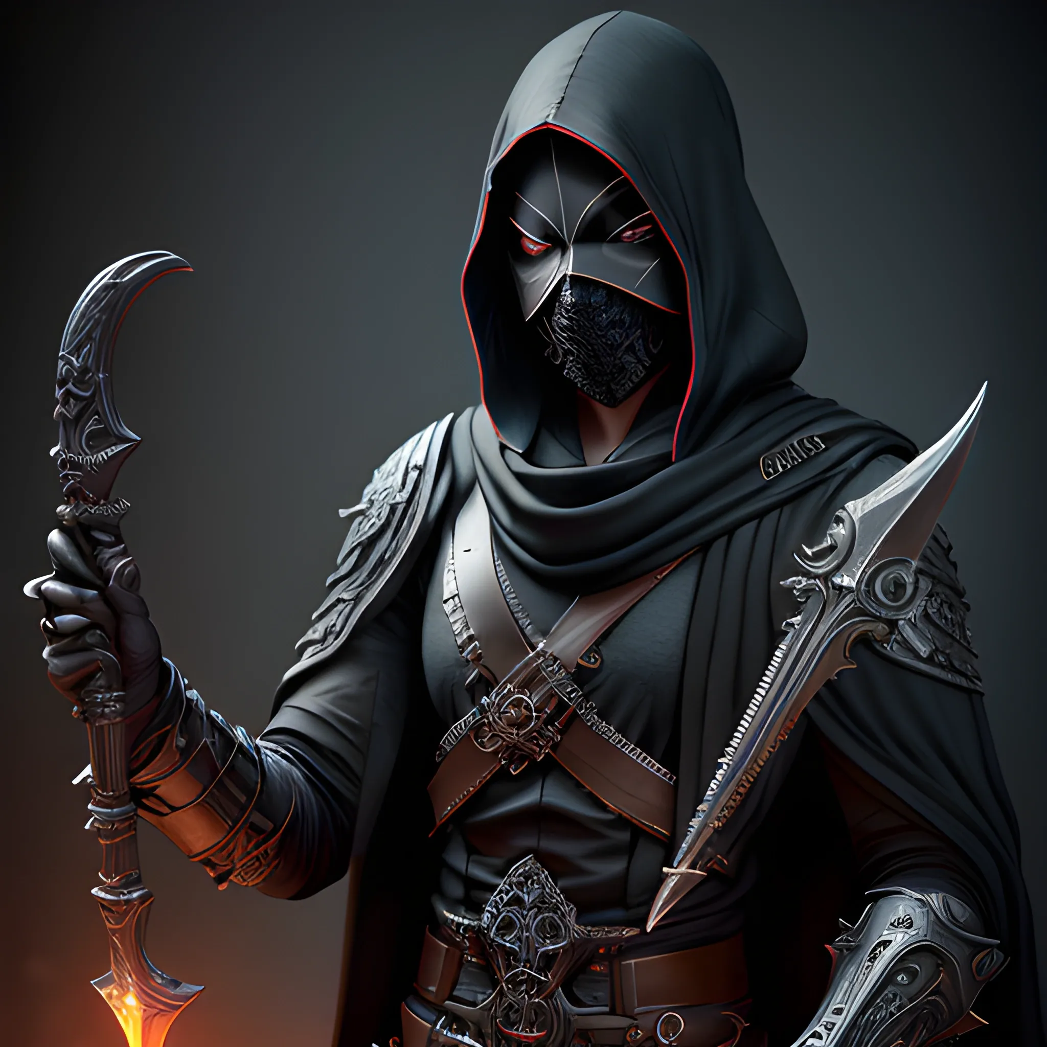 assasin in black suir and mask with dagger, occultist, 8k, high resolution, high quality, photorealistic, hyperrealistic, detailed, detailed matte painting, deep color, fantastical, intricate detail, splash screen, complementary colors, fantasy concept art, 8k resolution trending on Artstation Unreal Engine