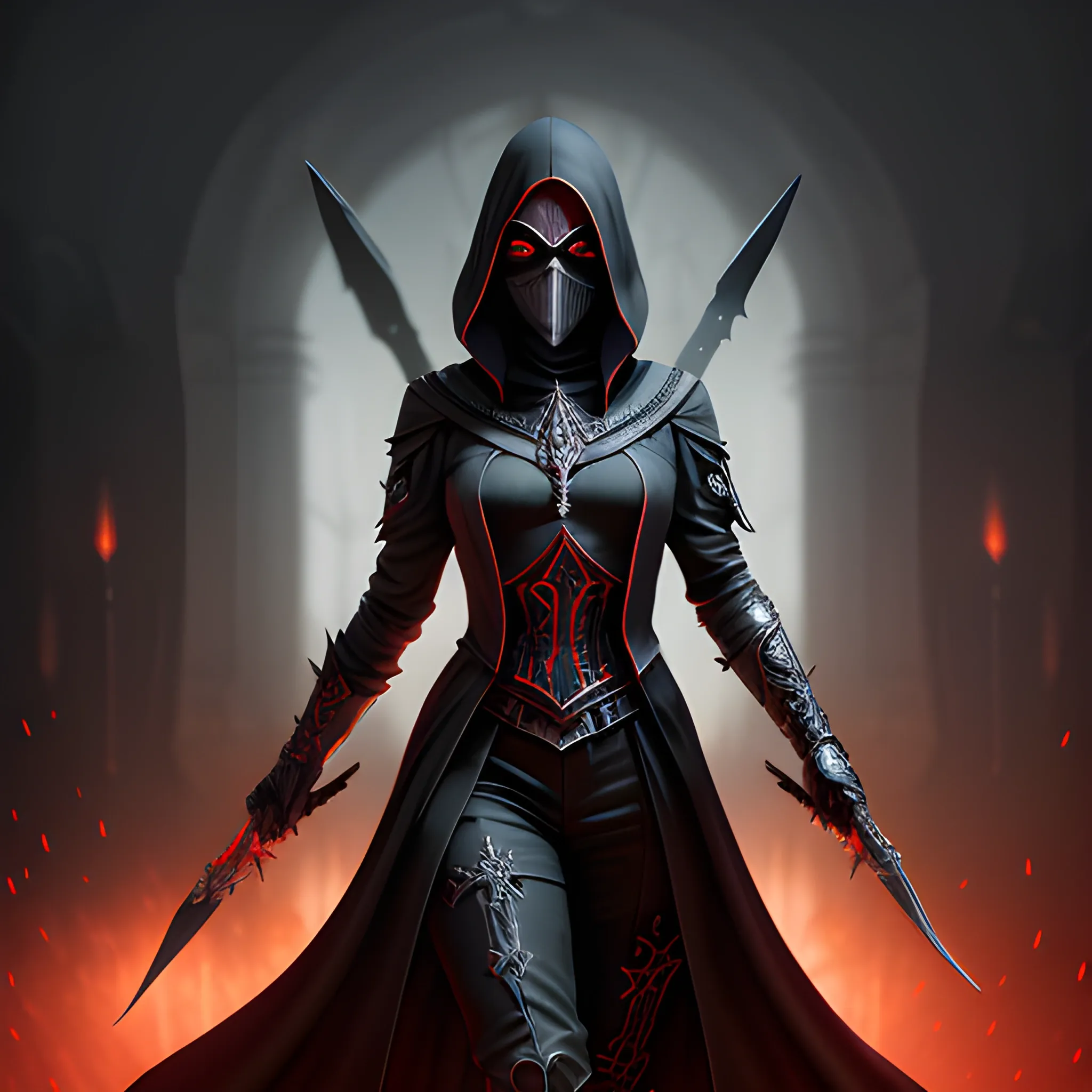 assasin in black suit and mask with dagger, occultist, woman, shadow, red shining eyes, 8k, high resolution, high quality, photorealistic, hyperrealistic, detailed, detailed matte painting, deep color, fantastical, intricate detail, splash screen, complementary colors, fantasy concept art, 8k resolution trending on Artstation Unreal Engine