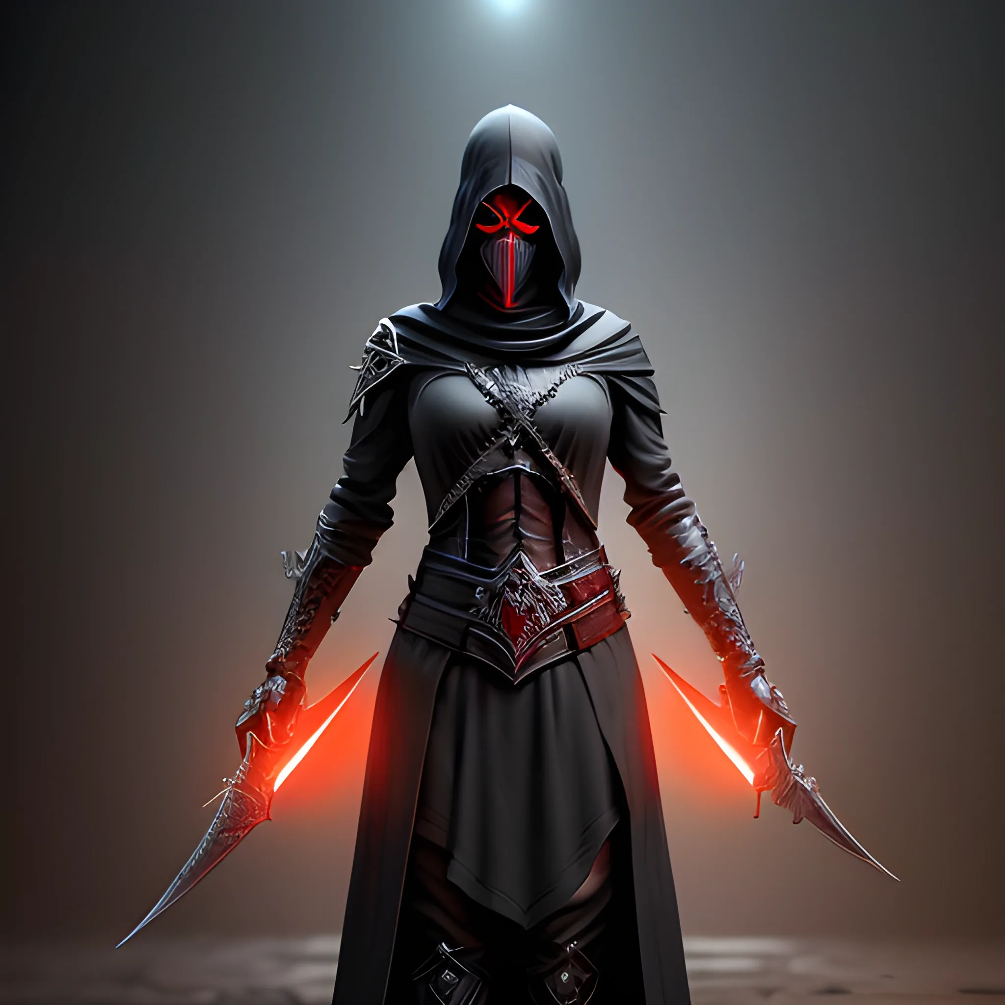 assasin in black suit and mask with dagger, occultist, woman, shadow, red shining eyes, 8k, high resolution, high quality, photorealistic, hyperrealistic, detailed, detailed matte painting, deep color, fantastical, intricate detail, splash screen, complementary colors, fantasy concept art, 8k resolution trending on Artstation Unreal Engine