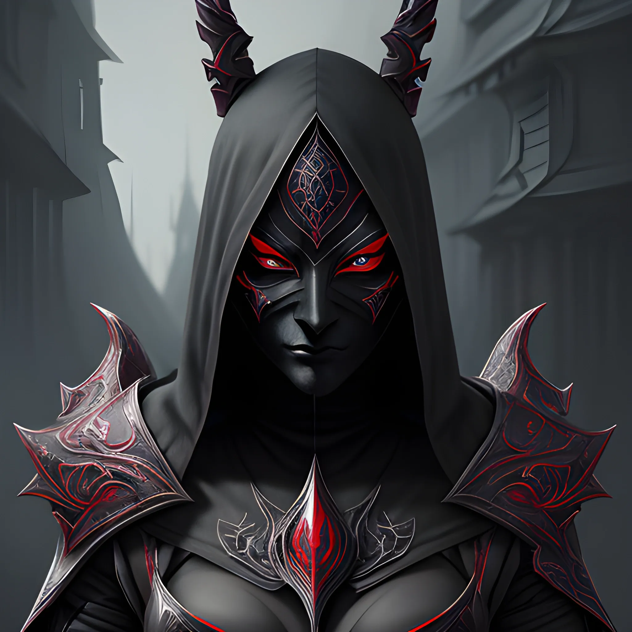 shadow assasin with red eyes in mask, dagger in hand, 8k, high resolution, high quality, photorealistic, hyperrealistic, detailed, detailed matte painting, deep color, fantastical, intricate detail, splash screen, complementary colors, fantasy concept art, 8k resolution trending on Artstation Unreal Engine