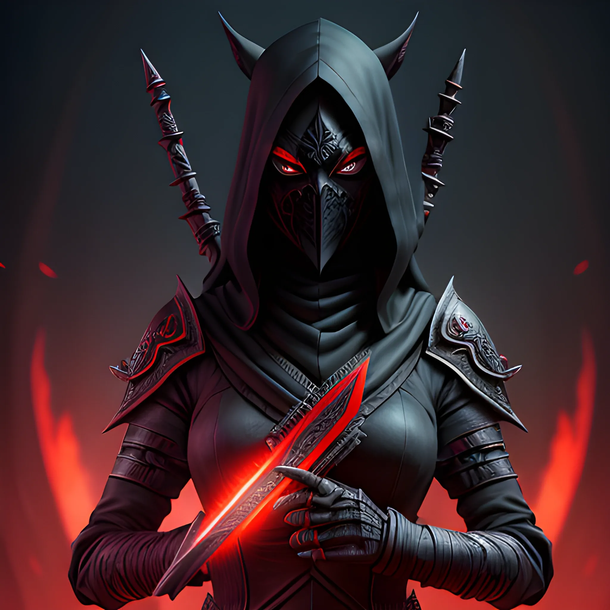 shadow assasin with red eyes in mask, dagger in hand, 8k, high resolution, high quality, photorealistic, hyperrealistic, detailed, detailed matte painting, deep color, fantastical, intricate detail, splash screen, complementary colors, fantasy concept art, 8k resolution trending on Artstation Unreal Engine