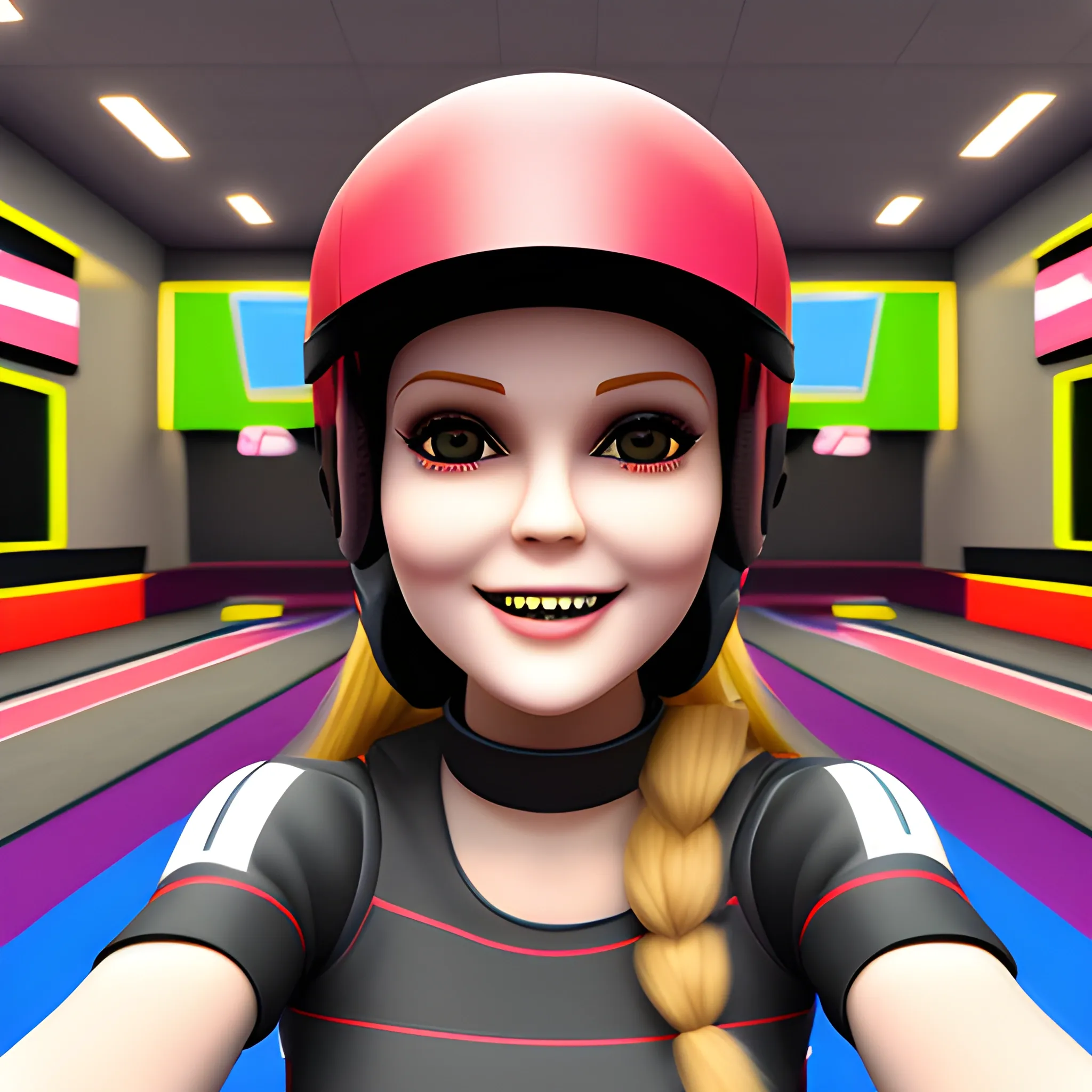 Face of a 3D doll seen from the waist up, with a cap. Indoor karting theme. Smiling.