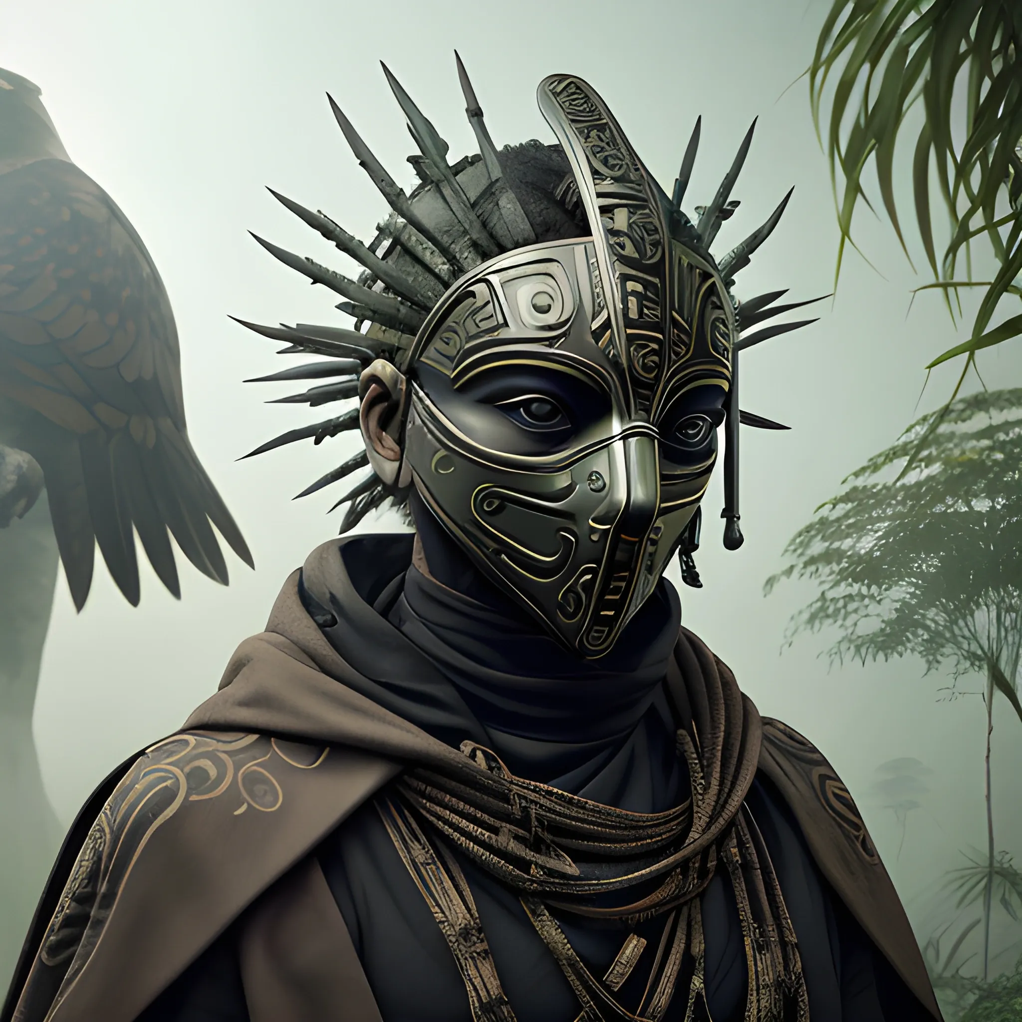 Image of a mysterious character in an environment that combines futuristic elements and touches of wild nature. The character is surrounded by birds of prey, with intense gazes, adding a tense and enigmatic atmosphere. He dresses in a torn cloak and a perforated face mask that suggests a modern-tribal style, concealing his features while providing a sense of antiquity and mysticism. The mask is similar to that of a ritual warrior, with evenly spaced holes and an enigmatic expression. The background fuses the lush greenery of a futuristic jungle with touches of advanced technology, glass structures and ambient lighting. This image evokes a narrative where tradition and the future meet, surrounded by the majesty and ferocity of birds, symbolizing both freedom and vigilance, 3D.