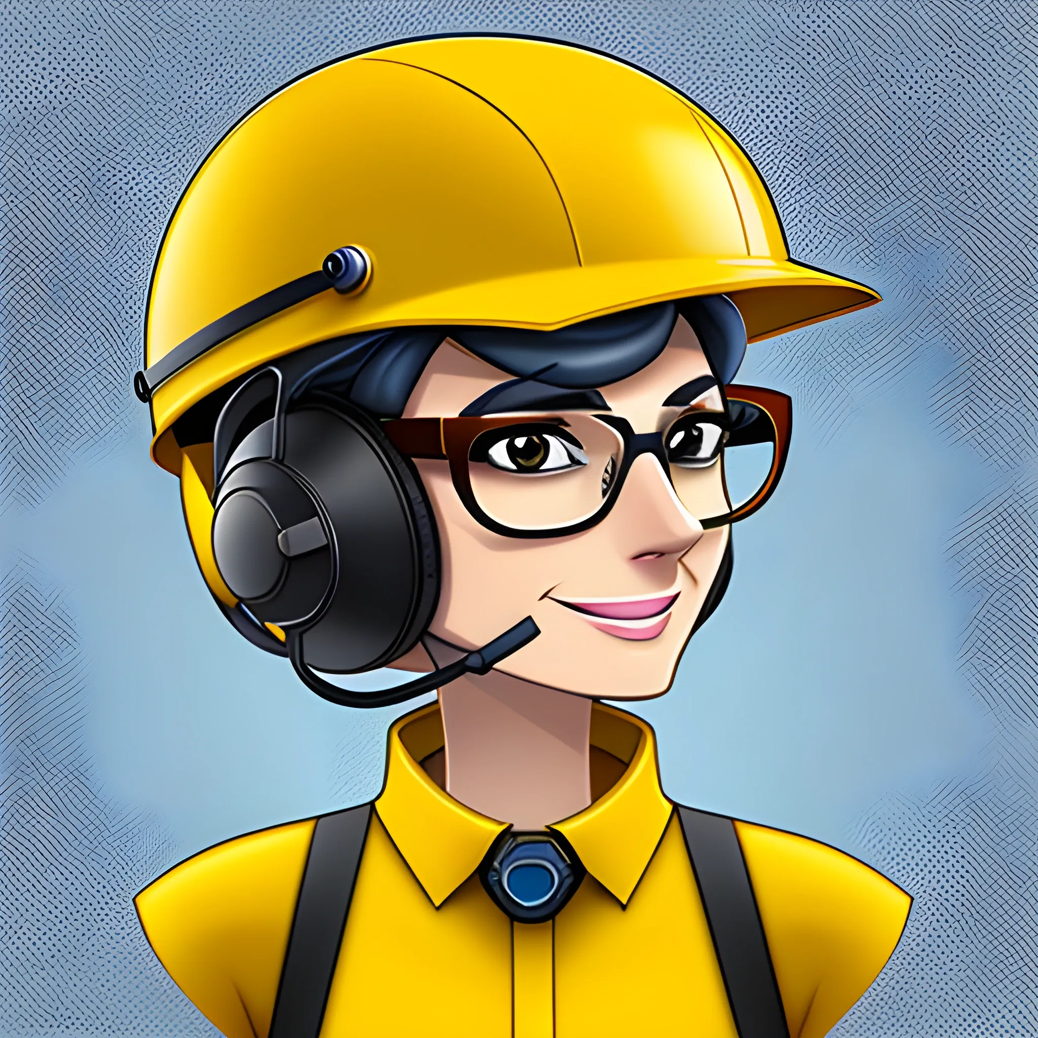 A little engineer, cute cartoon image, with big glasses, thinking hard,The clothing is based on yellow and blue, in this red engineering helmet