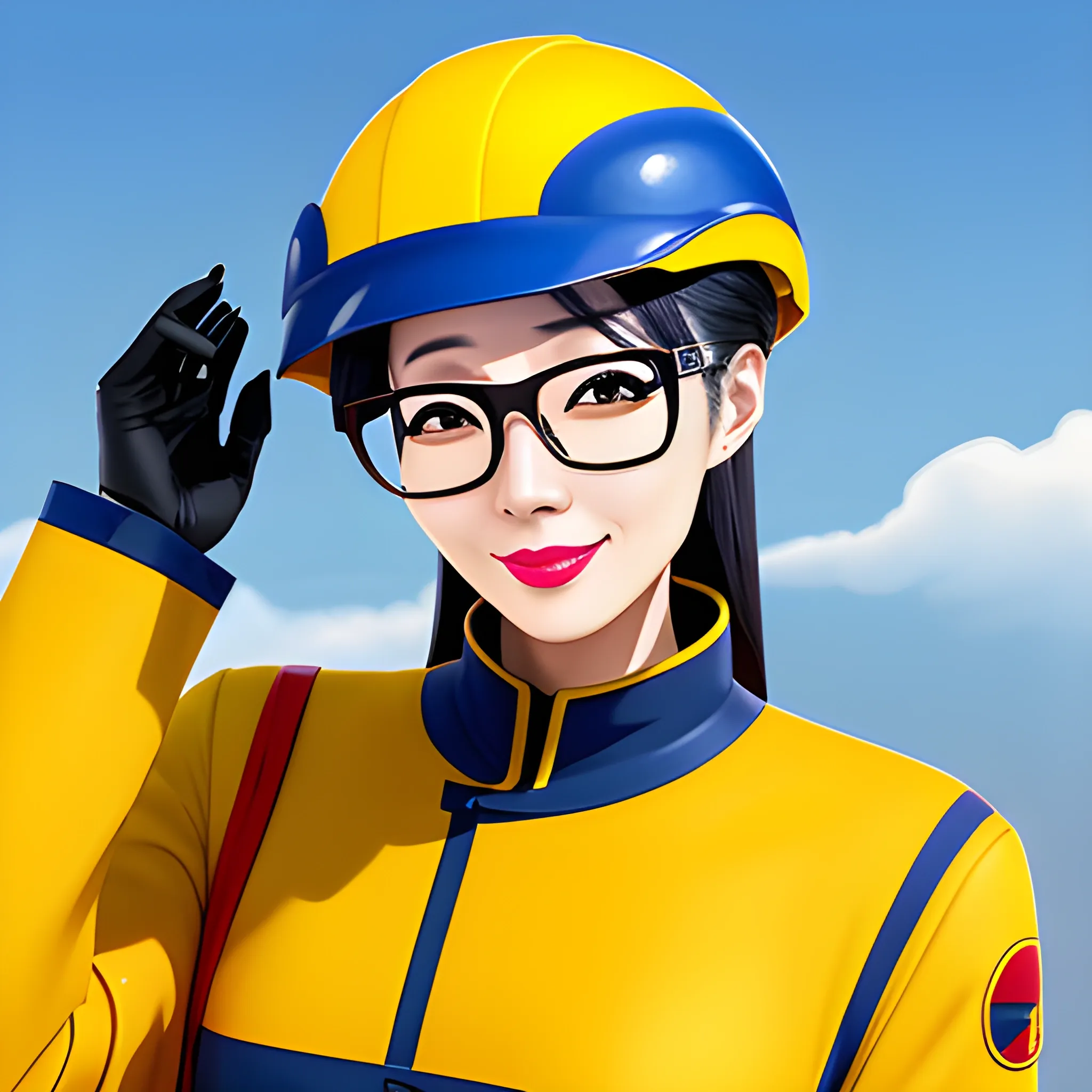 A little engineer,Chinese, cute cartoon image, with big glasses, thinking hard,The clothing is based on yellow and blue, in this red engineering helmet