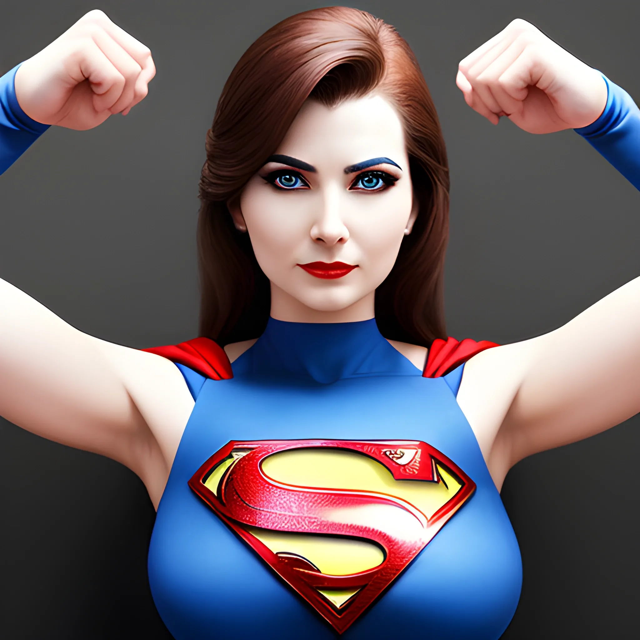 An elegant lady wearing a Superman costume, eye-catching detail, realistic ultra-detailed, eye catchy, stylish