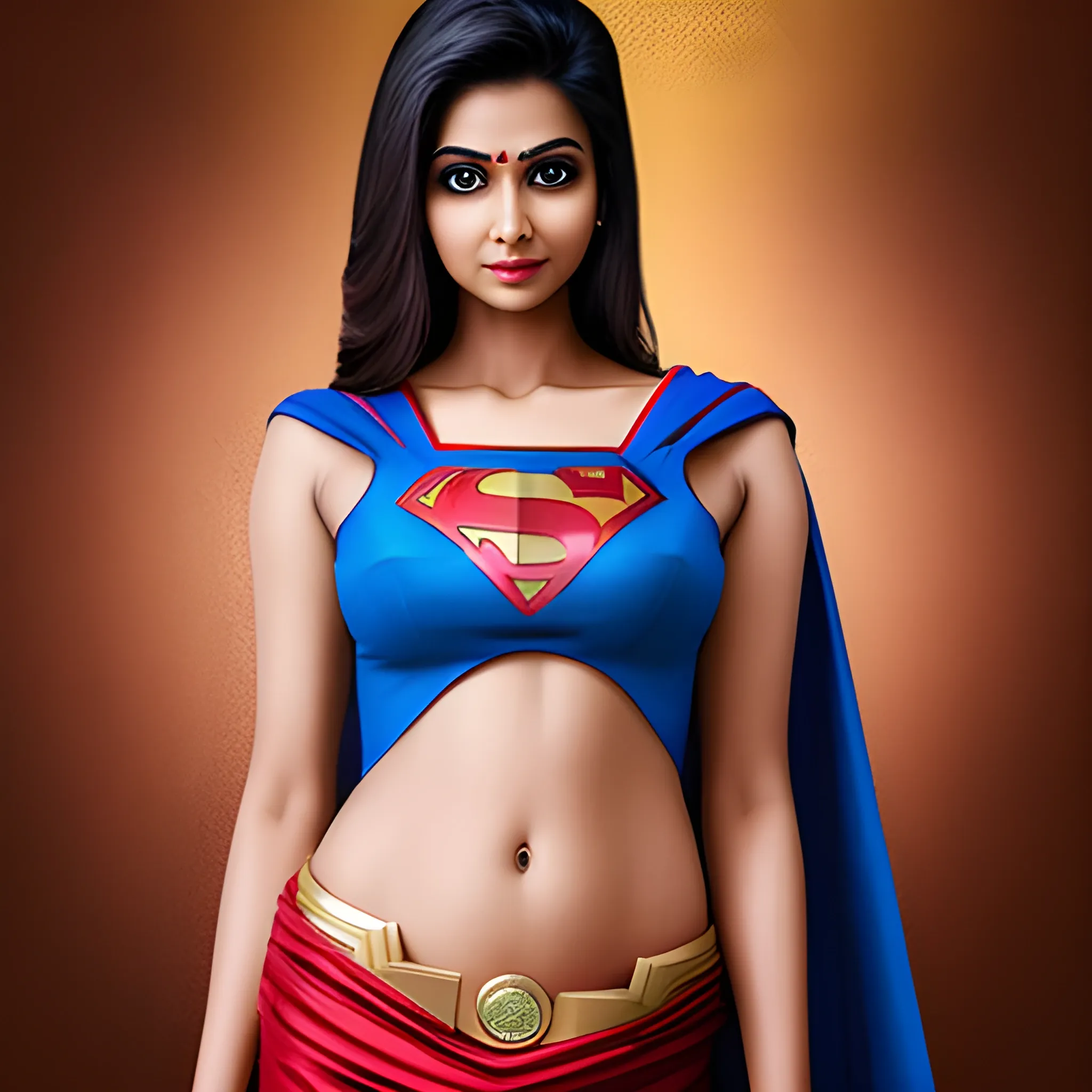 An elegant indian lady wearing a Superman costume, eye-catching detail, realistic ultra-detailed, eye catchy, stylish, beautiful navel