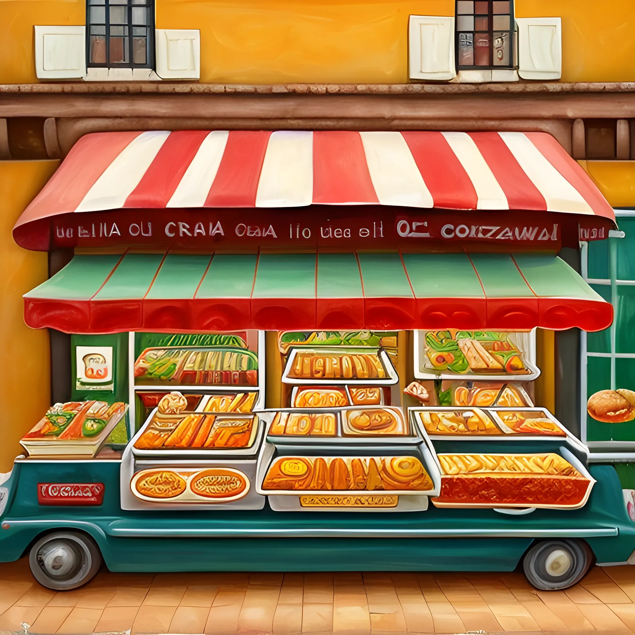 Creame una imagen horizontal, con toda la cultura itialia, donde represente más la comida italia, pizza, pastas, lasaña y otras., Cartoon, Oil Painting