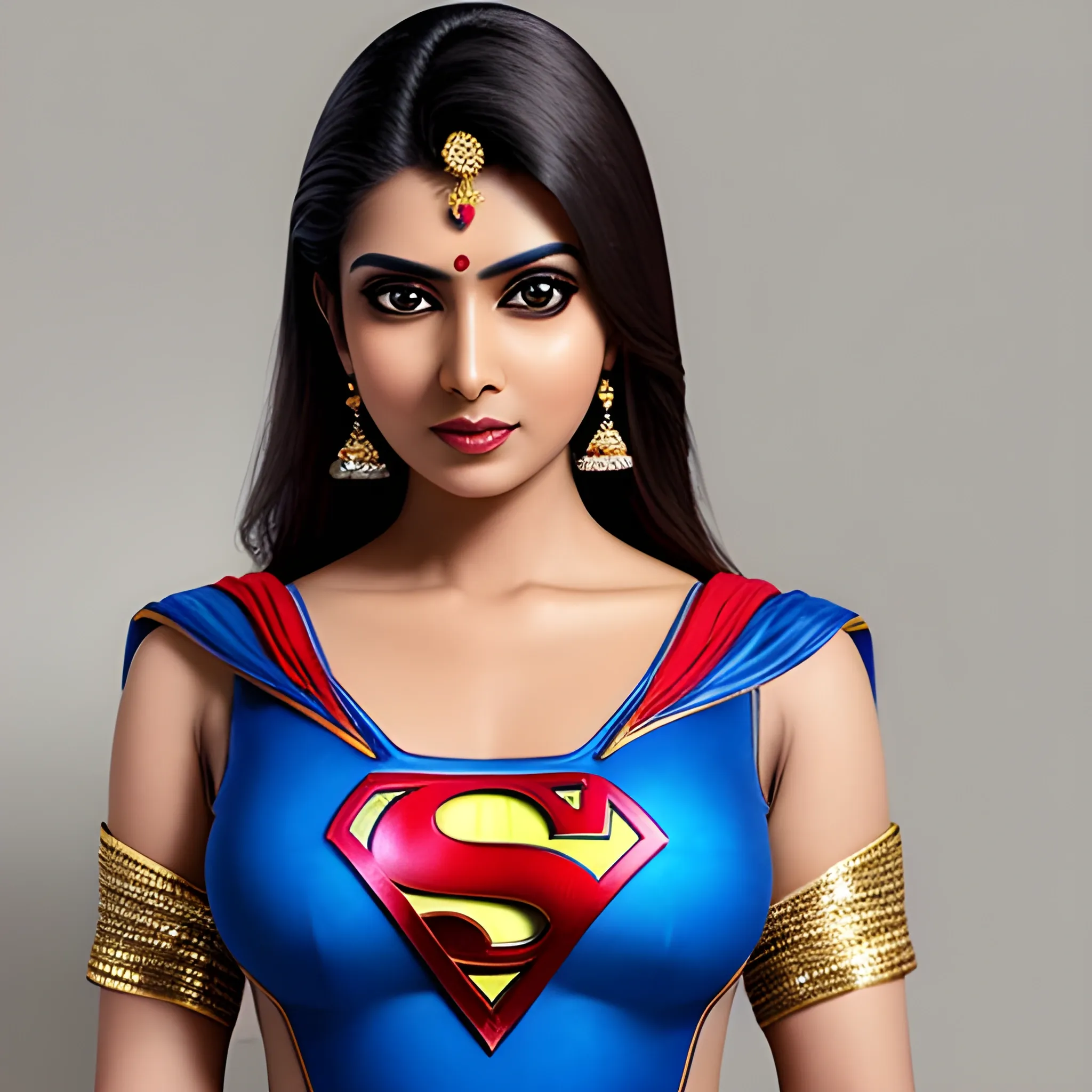 An elegant indian lady wearing a Superman costume, eye-catching detail, realistic ultra-detailed, eye catchy, stylish, beautiful navel, deep neck