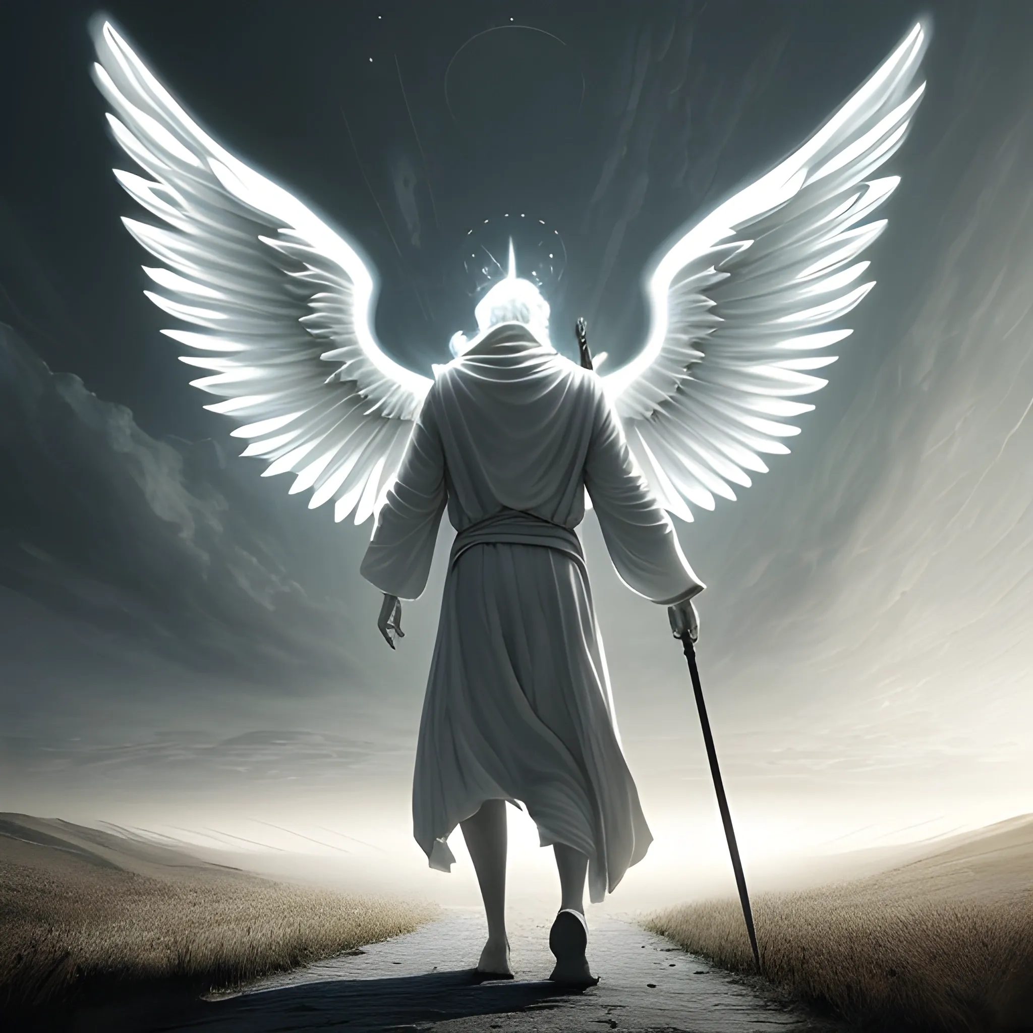 Design an alternative back cover for the album 'Afterlife Utopia'. The scene is set in a utopian universe beyond life. It features a powerful, angelic figure in the sky with large white wings and a glowing halo, adorned in celestial armor and holding a spear with a tip aflame, symbolizing a divine force. Below, a human figure walks on a path toward the celestial scene, dressed in simple modern attire, clutching a bottle, representing the journey towards the afterlife. The setting is the same as the front cover, with a moody and introspective atmosphere, 3D, Pencil Sketch.