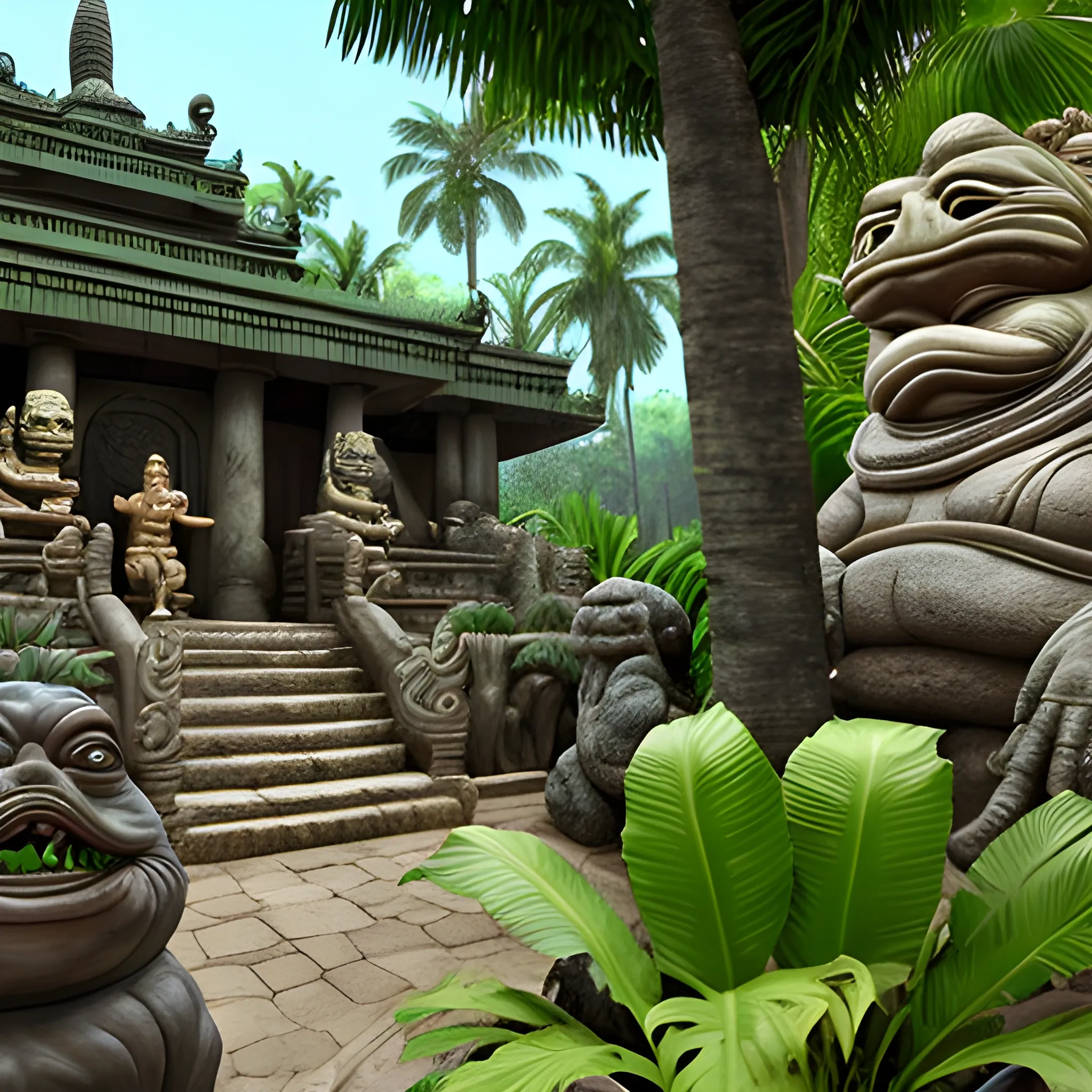 Jungle temple with jabba the hut statues out front