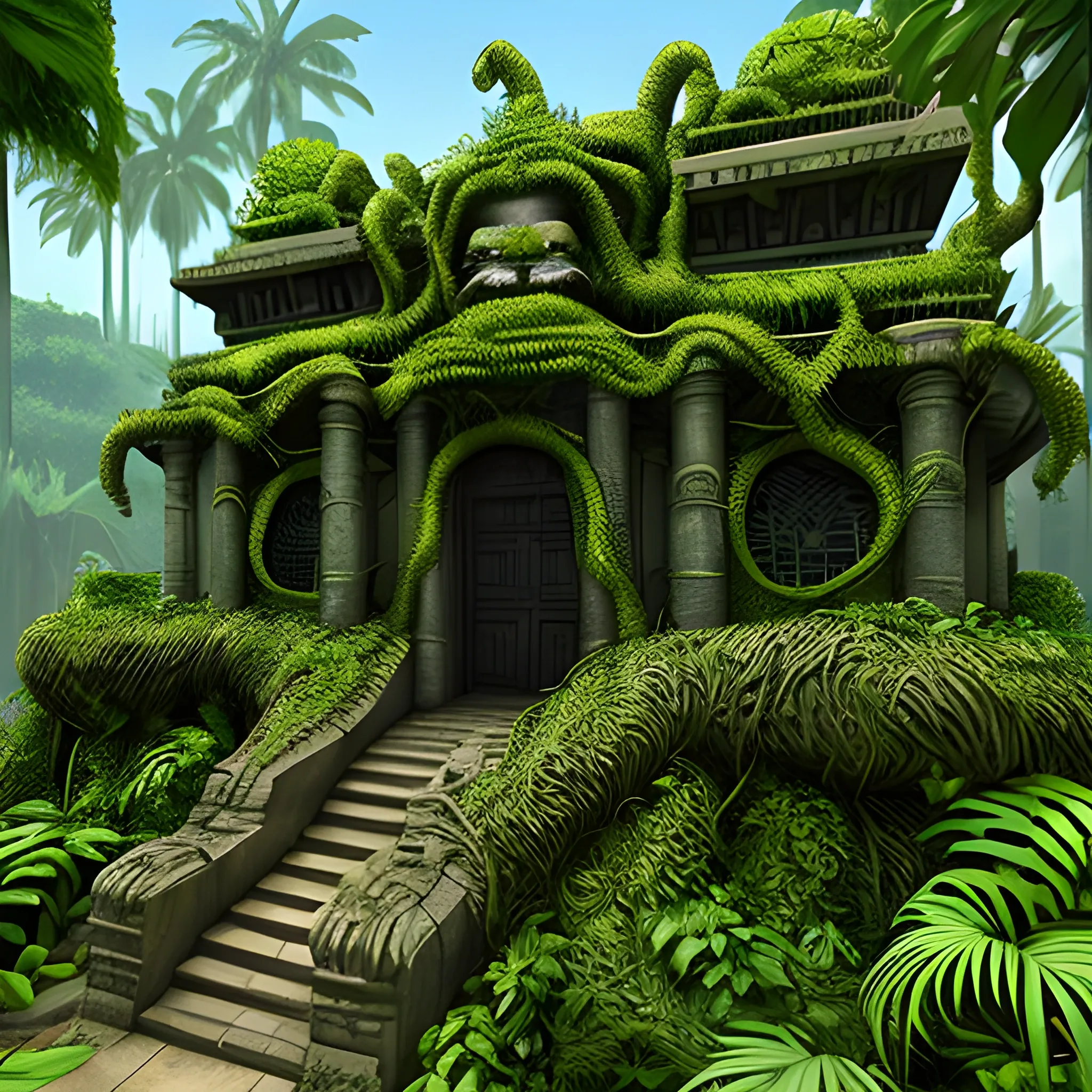 Jungle temple with overgrown vines on it. with jabba the hutt statues out front, ultra realistic