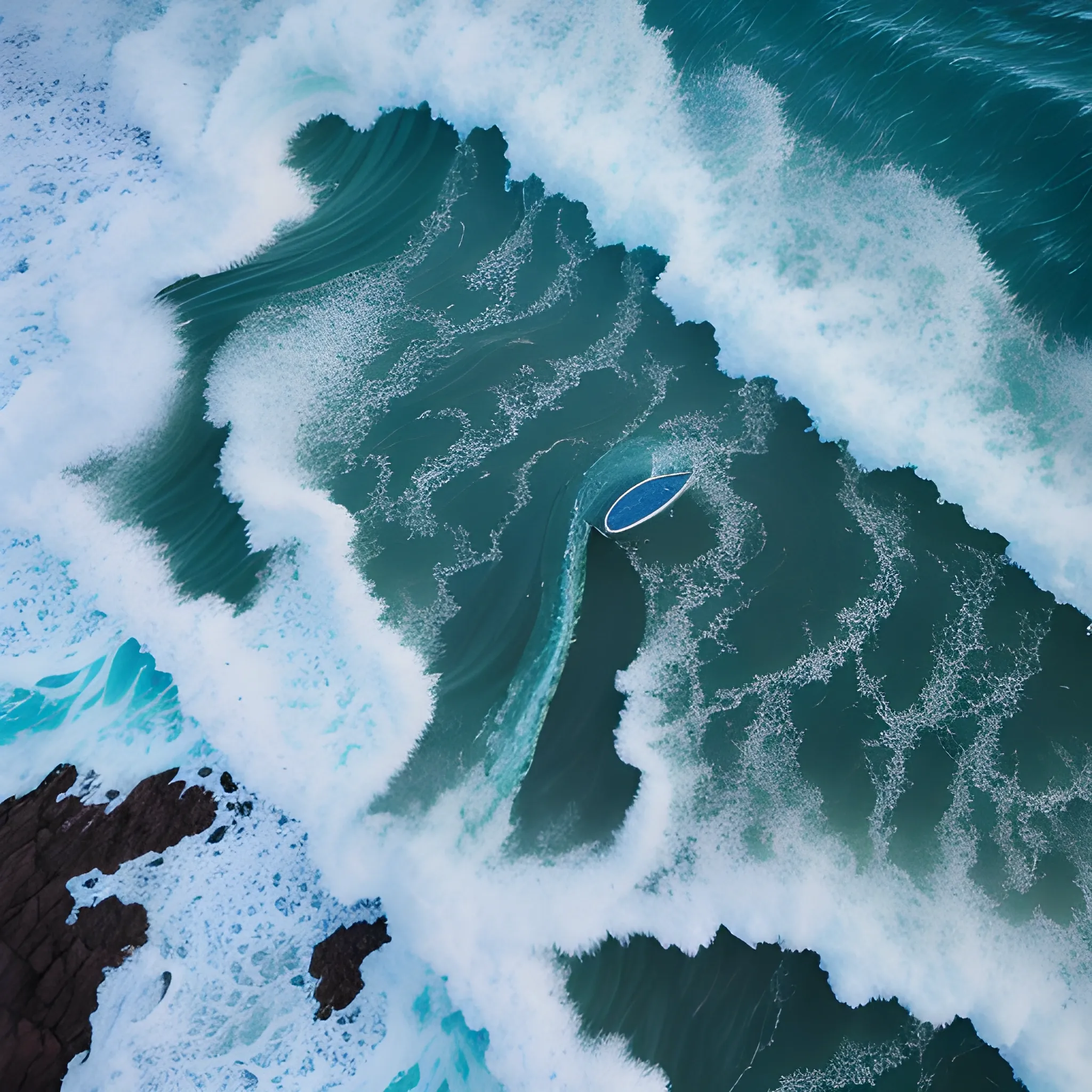 Aerial drone view of waves colliding with the coast of Pichilemu, Chile where you can see mythical beings in the ocean like mermaids, in a utopian and futuristic environment that mixes the magical and fantasy with a real aspect in digital art and cinematic hyperrealism, 3D, Trippy.