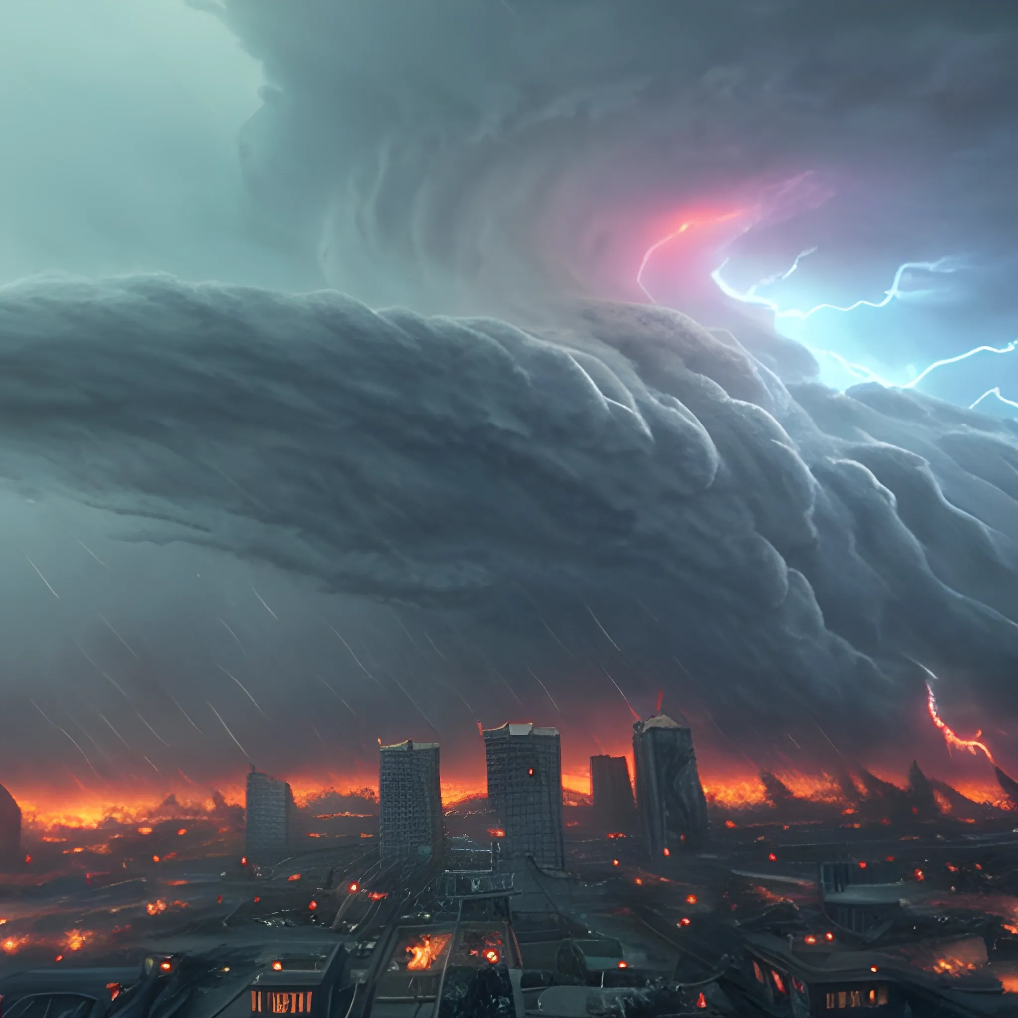 drangon in the middle of a tornado that destroys a city while a rain of fire falls