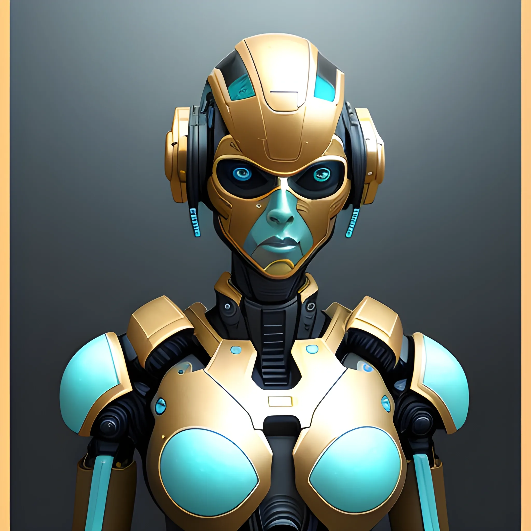 A high-resolution digital painting of a female sci-fi warrior robot in a dystopian setting. The painting has a realistic and detailed style, with smooth glossy and sharp textures. The painting uses a contrasted and complementary color scheme of gold, white, and turquoise against dark and muted tones. The painting has a dynamic and dramatic lighting, with bright and glowing sources of light that create strong shadows and highlights. The painting has a futuristic and fantasy theme, with elements of technology and magic.
, 3D