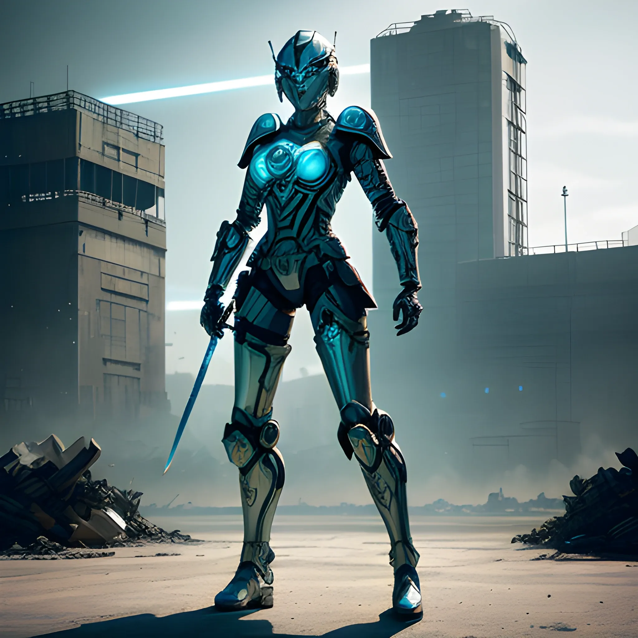 In a dystopian future, amidst the shadows of an industrial landscape, stands a female sci-fi warrior robot adorned in gleaming gold and white armor. Turquoise lights illuminate intricate patterns on her armor, casting a mesmerizing glow. Her metallic mask conceals her face as she wields a sword in one hand and a shield in the other. Vertical light sources pierce through the darkness, creating a stark contrast. With a realistic and detailed style, the scene captures the warrior's strength and resilience against the backdrop of a futuristic battleground., 3D