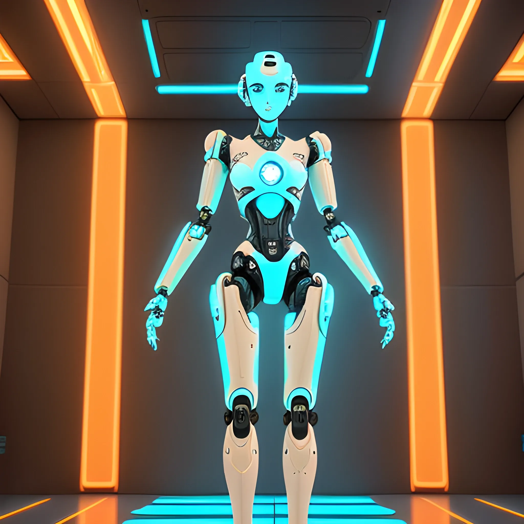 A female robot stands confidently in a futuristic sci-fi setting. Her robotic body has a high gloss white coating, intricate ancient gold symbols, and turquoise lights all throughout. Art style = State-of-the-art animation rendering, virtual scene, CGI, Digital animation, dramatic lighting, high-resolution, avatar cinematography, 3D