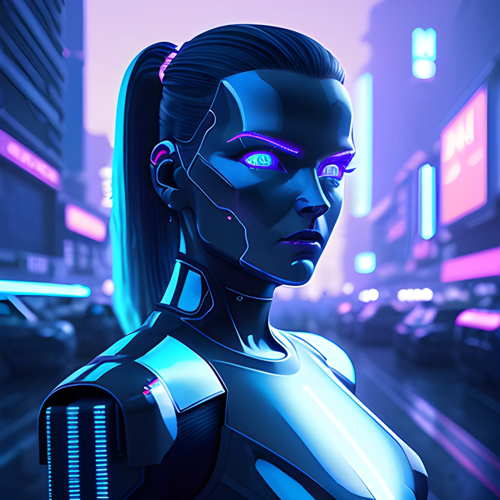 A cinematic composition of an extremely glossy coated white female android with piercing blue LED eyes, neon-lit cityscape background, hyperrealistic CGI, futuristic, neo-noir, cyberpunk, clean lines, stark color palette, harsh lighting, cold light, shadow, contrast, , 3D