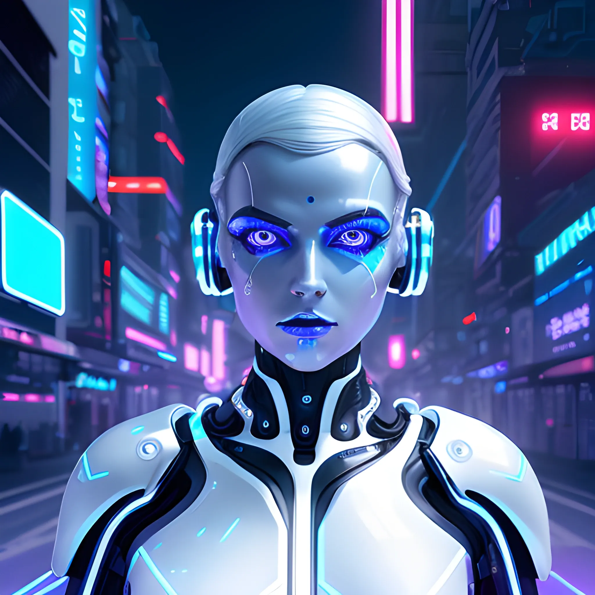 A hyperrealistic CGI cinematic composition of a futuristic female android with piercing blue LED eyes, her metal body is painted white and is extremely glossy coated, neon-lit cityscape in background, bright clean neon color palette, dramatic lightning, dramatic shadows, focused, 3D