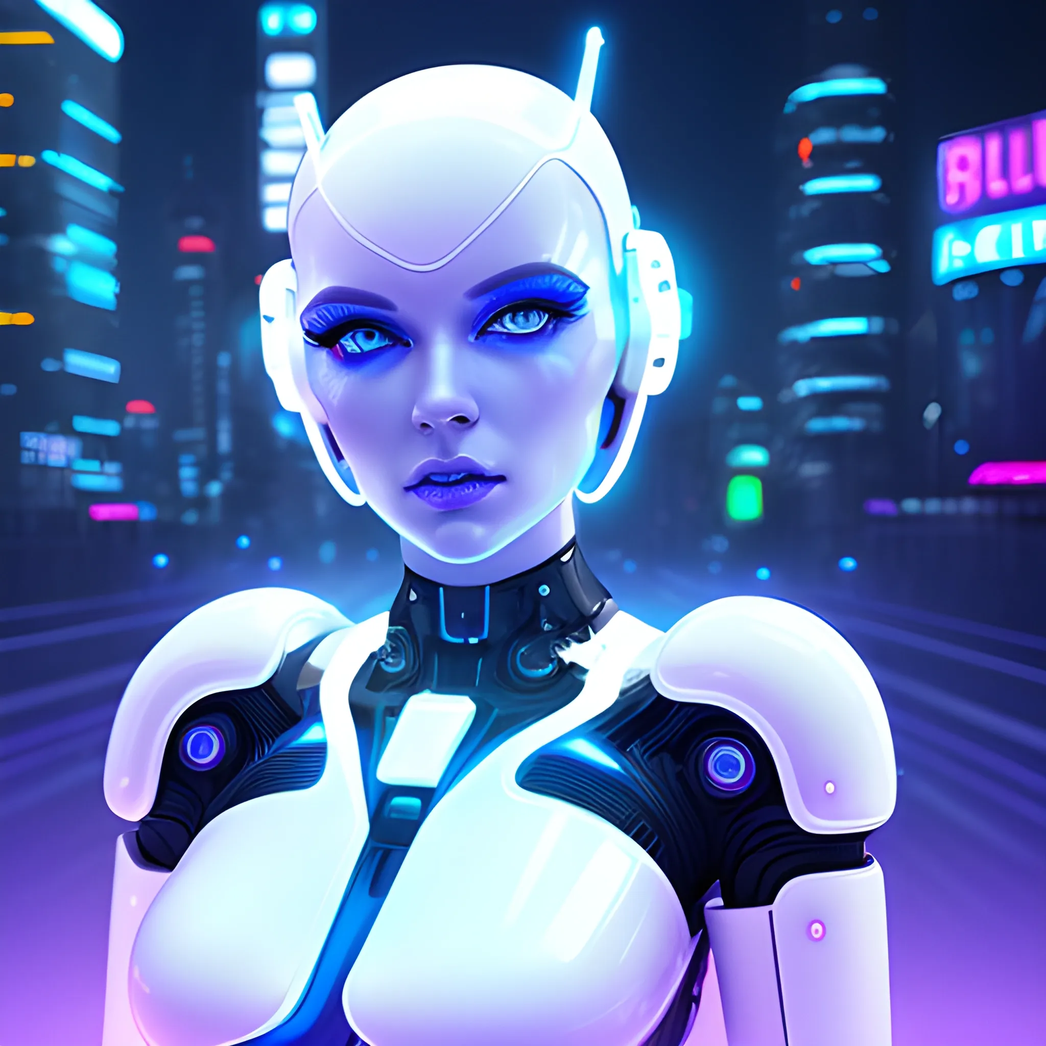 A hyperrealistic CGI cinematic composition of a futuristic female android with piercing blue LED eyes, her metal body is painted white and is extremely glossy coated, blurred neon-lit cityscape in background, bright clean neon color palette, dramatic lightning, dramatic shadows, 3D